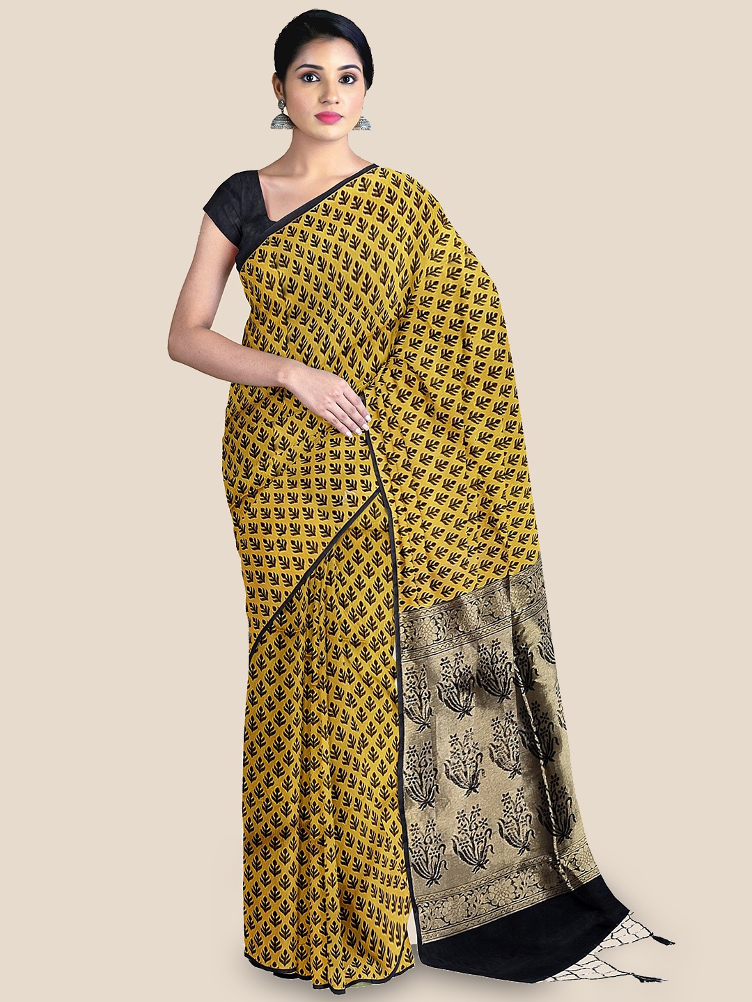 

The Chennai Silks Ethnic Motifs Printed Zari Silk Cotton Maheshwari Saree, Yellow