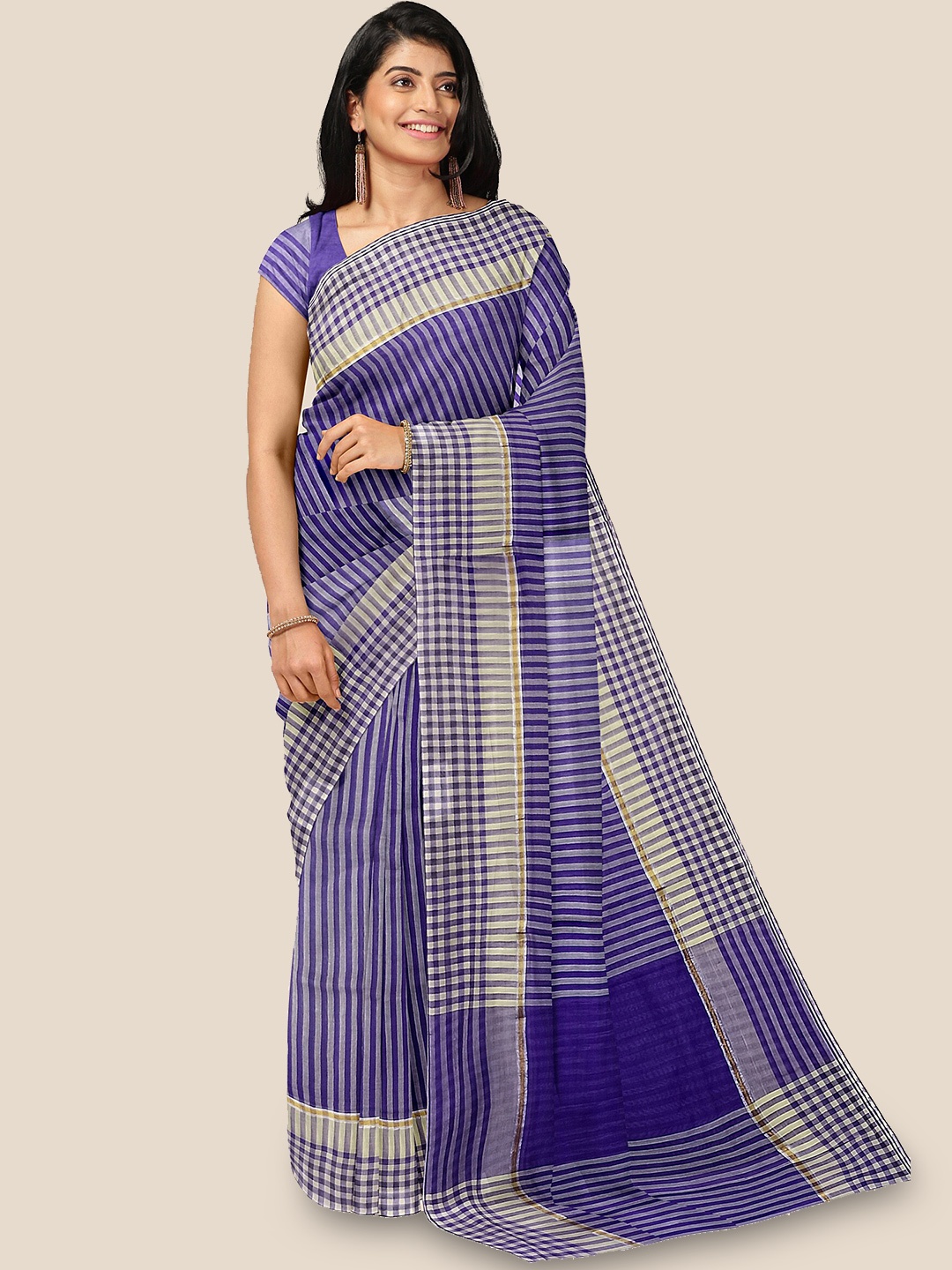 

The Chennai Silks Checked Zari Pure Cotton Venkatgiri Saree, Blue