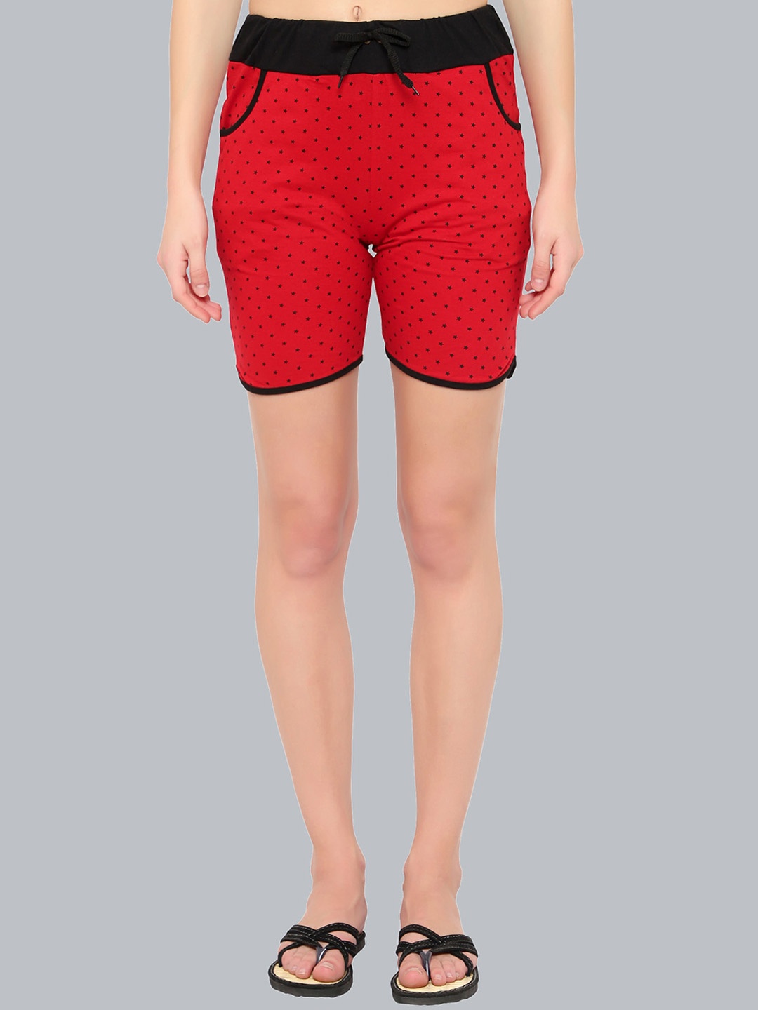 

DIAZ Women Polka Dot Printed Cotton Lounge Shorts, Red