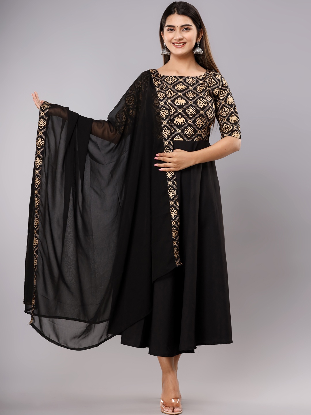 

Shedika Ethnic Printed Anarkali Kurta with Dupatta, Black