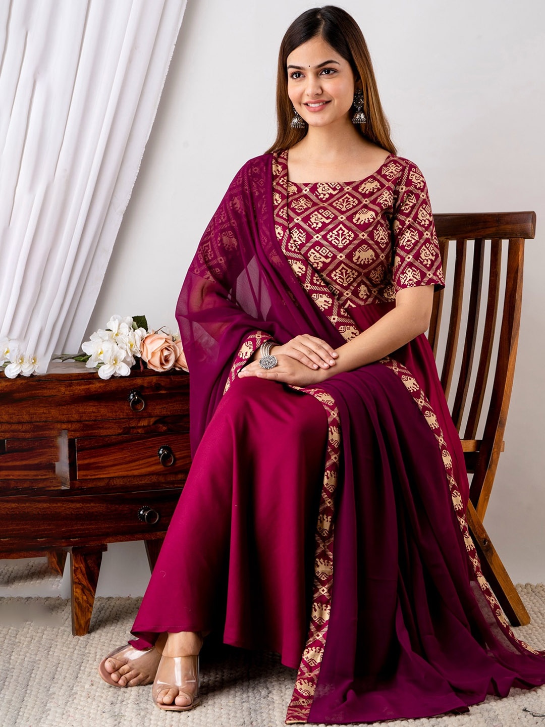 

Shedika Ethnic Printed Anarkali Kurta with Dupatta, Purple