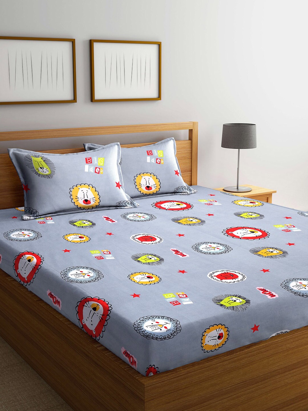 

FABINALIV Grey & Red Cartoon Print 300 TC Fitted King Bedsheet & 2 Pillow Covers