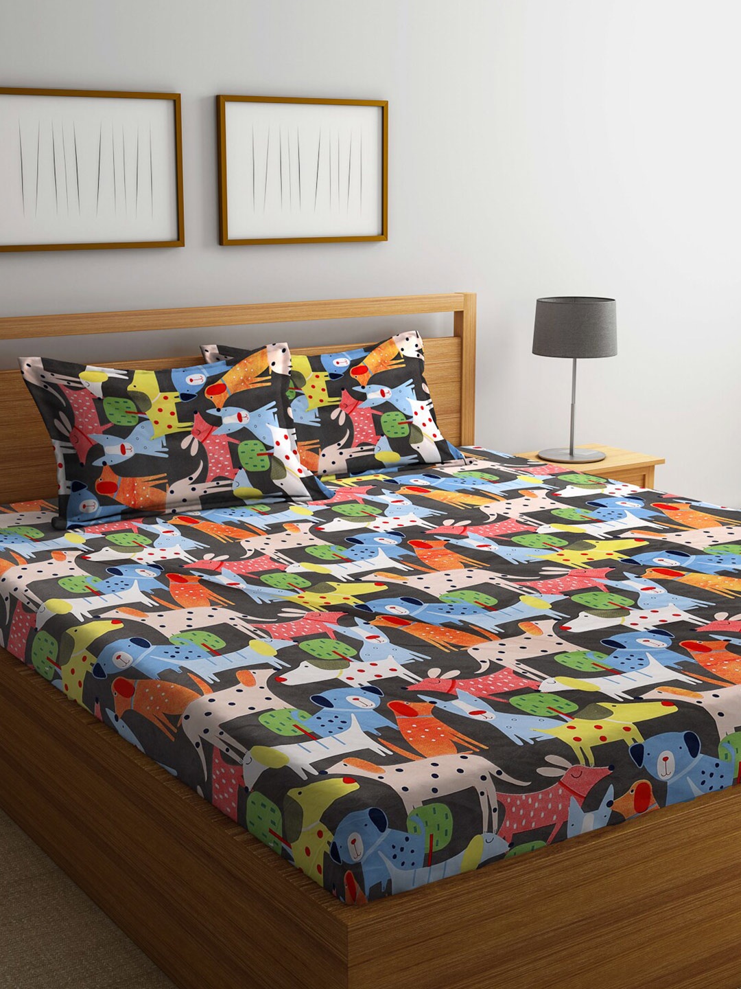 

FABINALIV Black Cartoon Print 300 TC Fitted King Bedsheet & 2 Pillow Covers-250X225CM