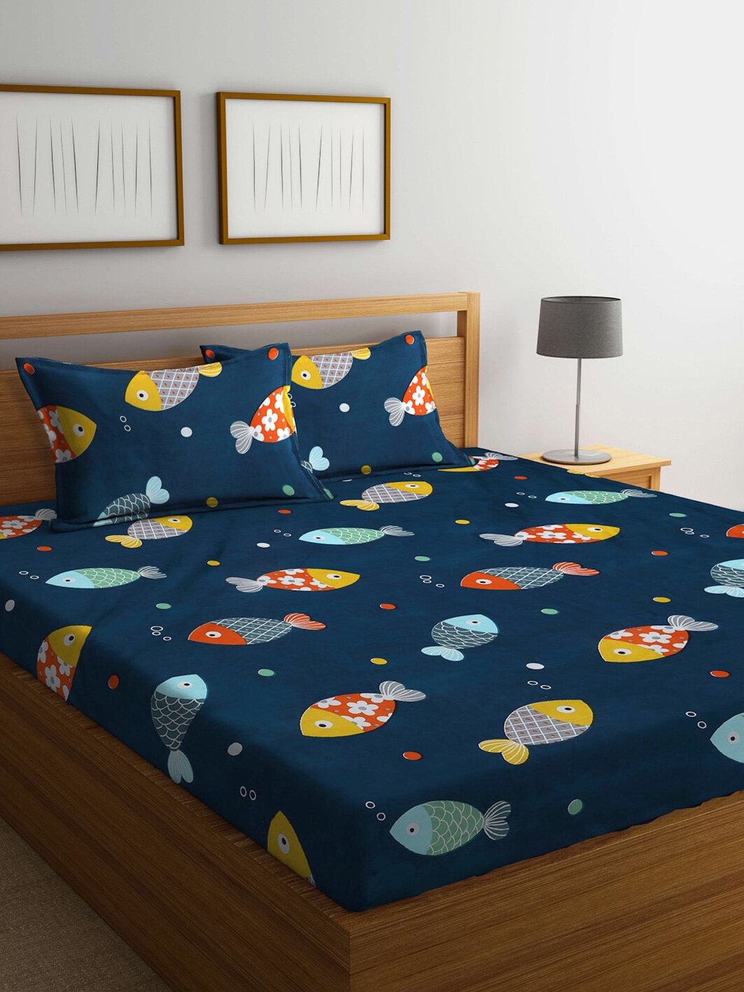 

FABINALIV Blue & Yellow Cartoon Print 300 TC Fitted King Bedsheet & 2 Pillow Covers
