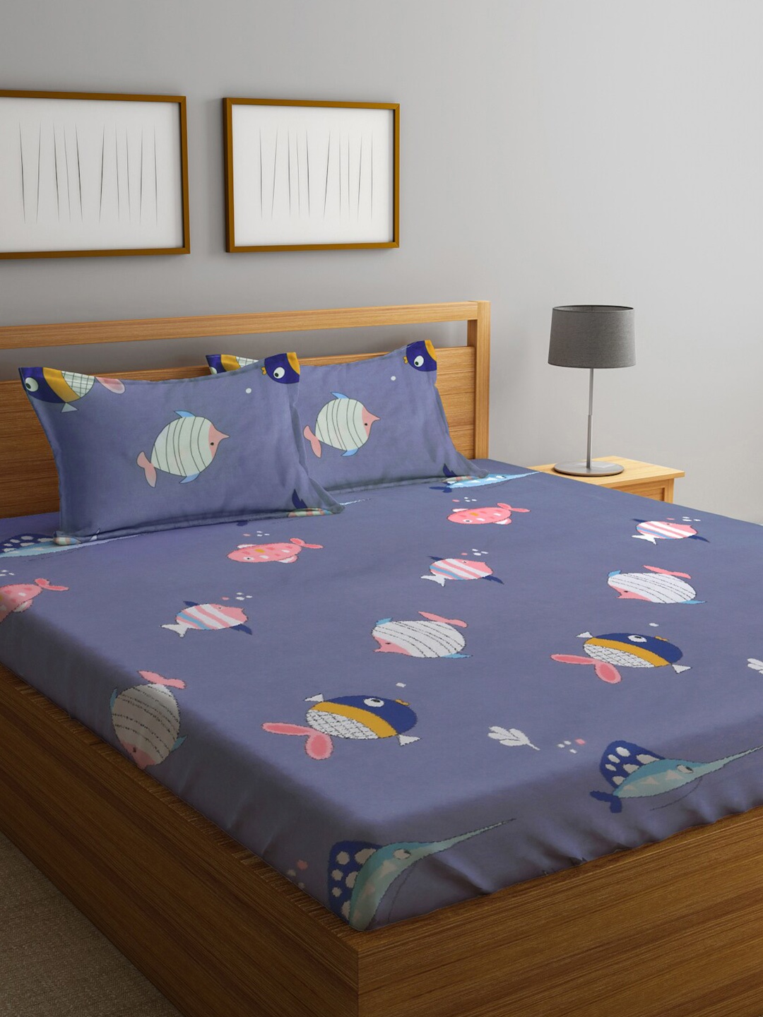 

FABINALIV Grey & Pink Cartoon Print 300 TC Fitted King Bedsheet & 2 Pillow Covers