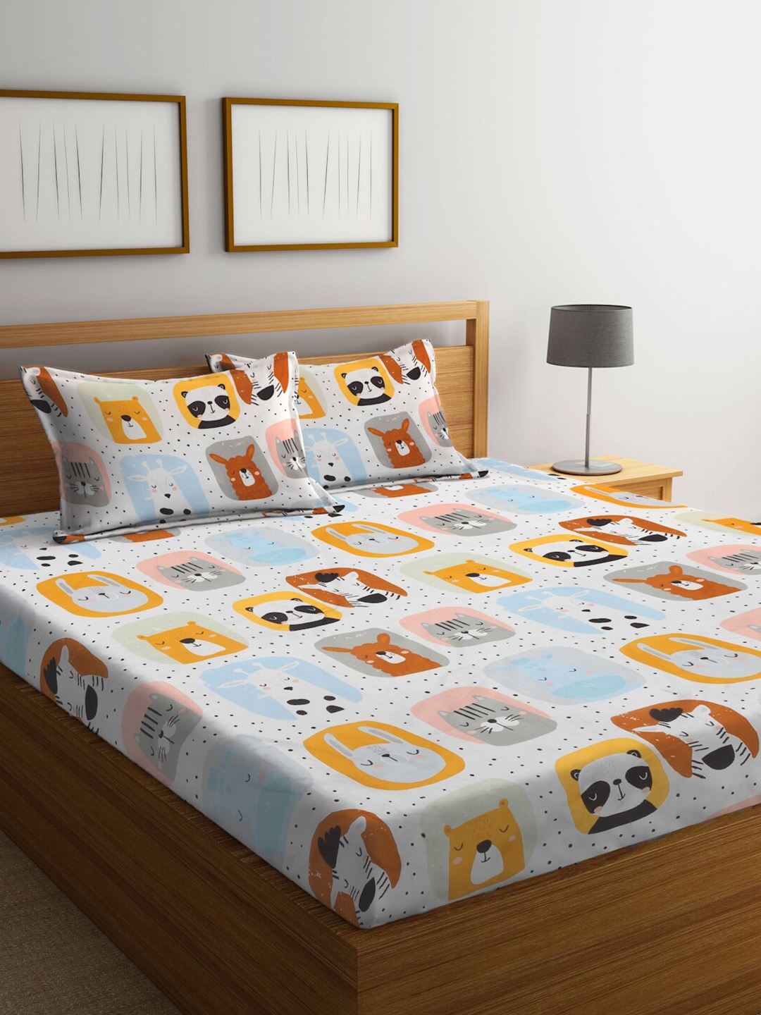 

FABINALIV White & Yellow Cartoon Print 300 TC Fitted King Bedsheet & 2 Pillow Covers