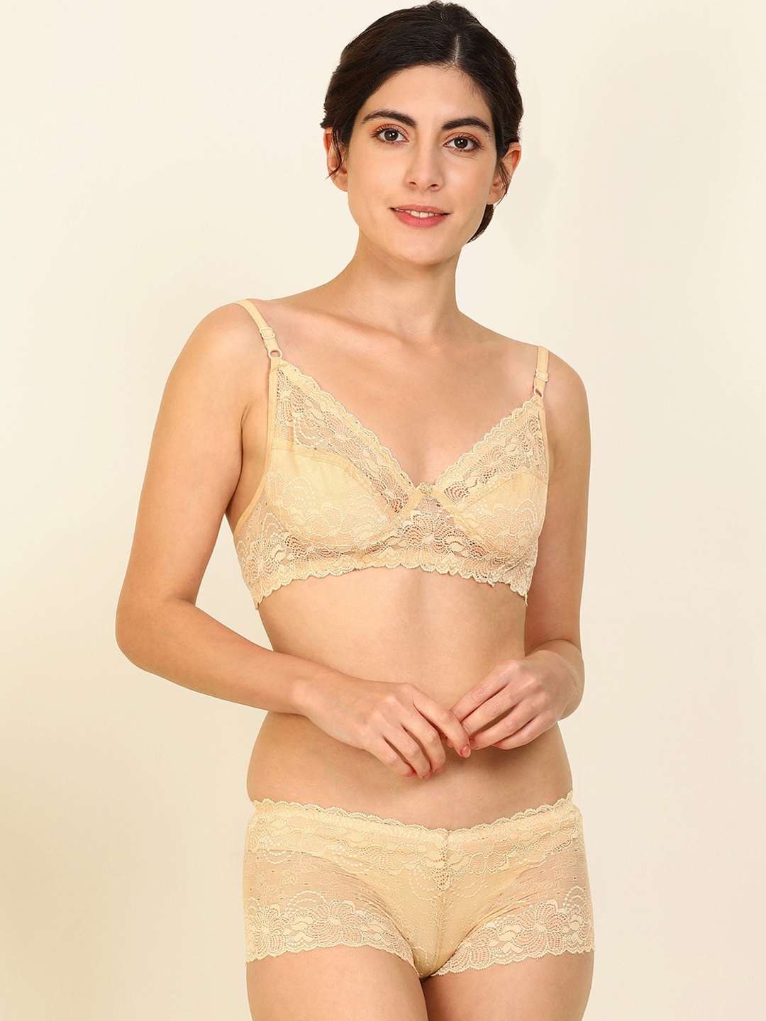 

AROUSY Self Designed Non-Wired Non Padded Cotton Bra With Briefs R_Nikkar Set_Brown_36, Beige