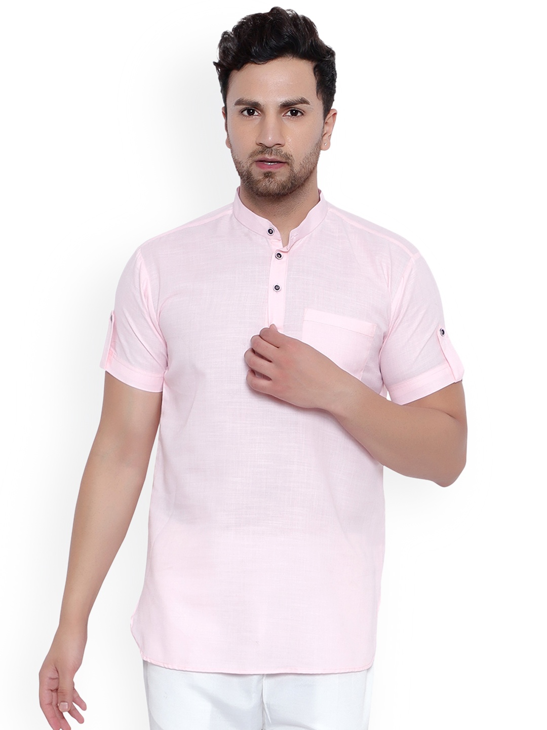 

ONNIX Mandarin Collar Roll Up Sleeves Cotton Straight Short Kurta, Pink