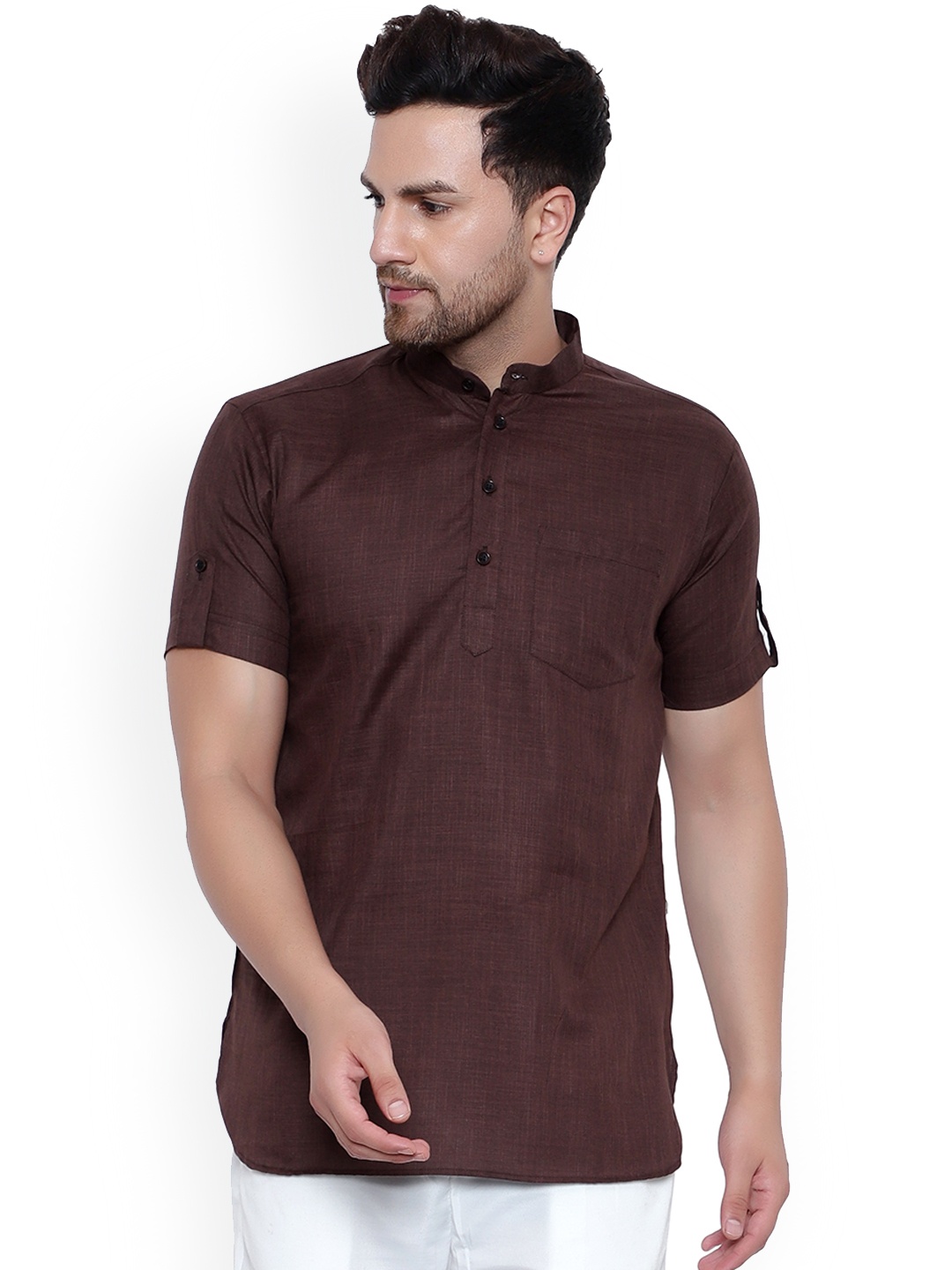 

ONNIX Mandarin Collar Roll Up Sleeves Cotton Straight Short Kurta, Brown