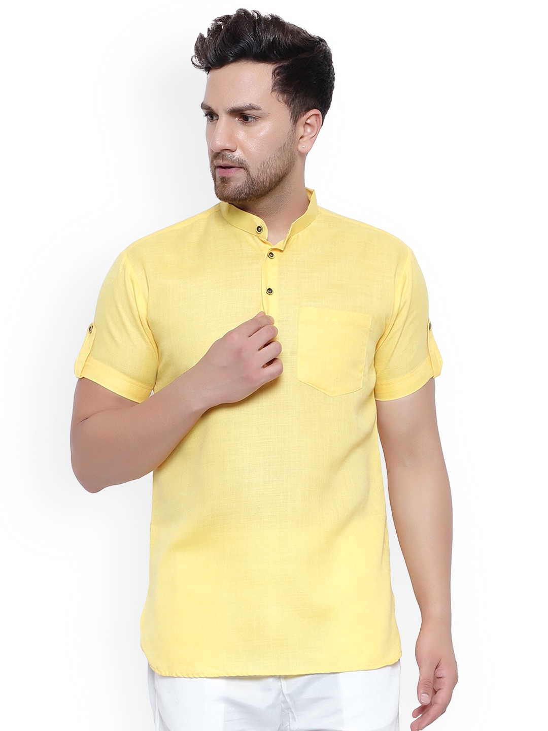 

ONNIX Mandarin Collar Roll Up Sleeves Cotton Straight Short Kurta, Yellow
