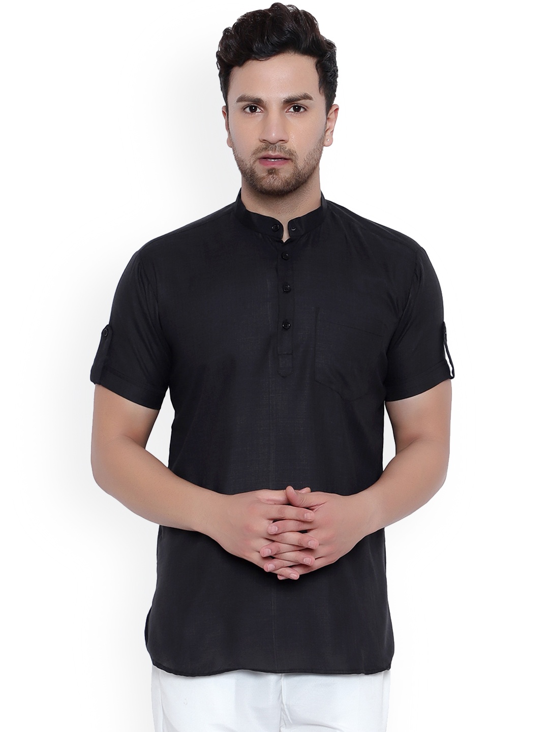 

ONNIX Mandarin Collar Roll Up Sleeves Cotton Straight Short Kurta, Black