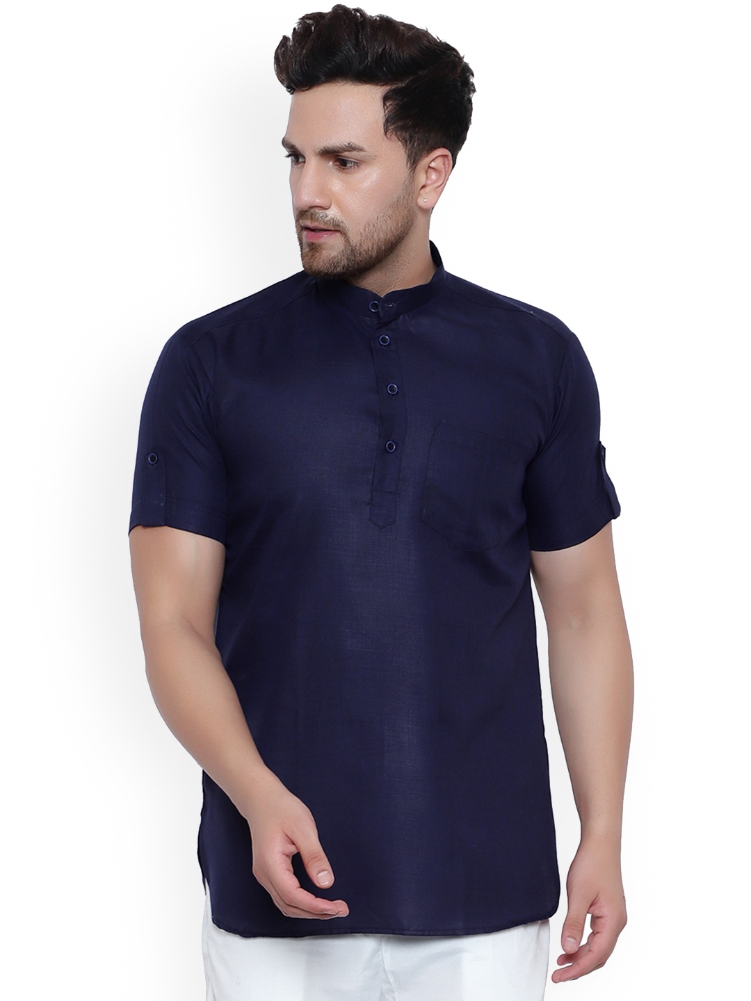 

ONNIX Mandarin Collar Roll Up Sleeves Cotton Straight Short Kurta, Navy blue