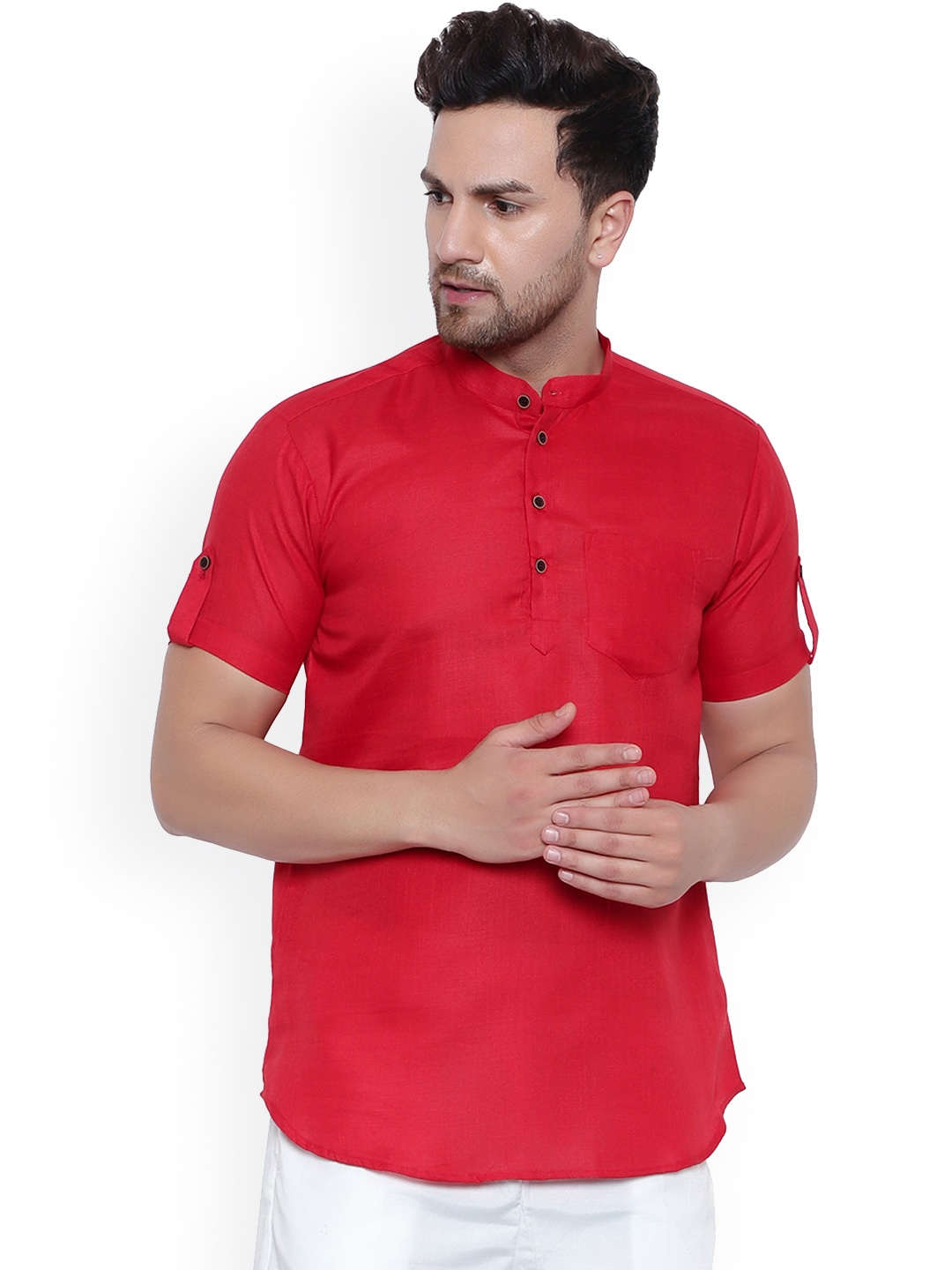 

ONNIX Mandarin Collar Roll Up Sleeves Cotton Straight Short Kurta, Red