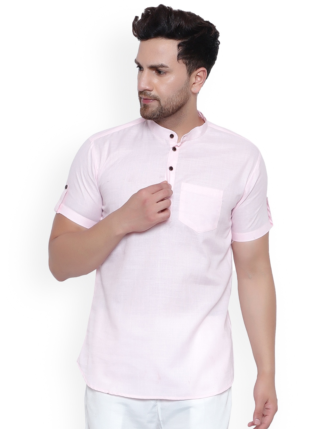 

ONNIX Mandarin Collar Roll Up Sleeves Cotton Straight Short Kurta, Pink