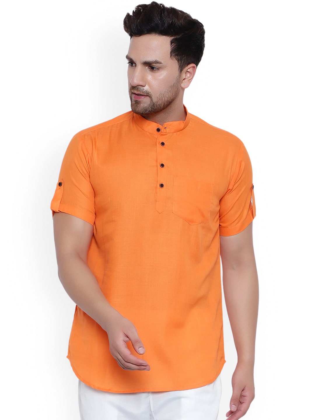 

ONNIX Mandarin Collar Roll Up Sleeves Cotton Straight Short Kurta, Orange