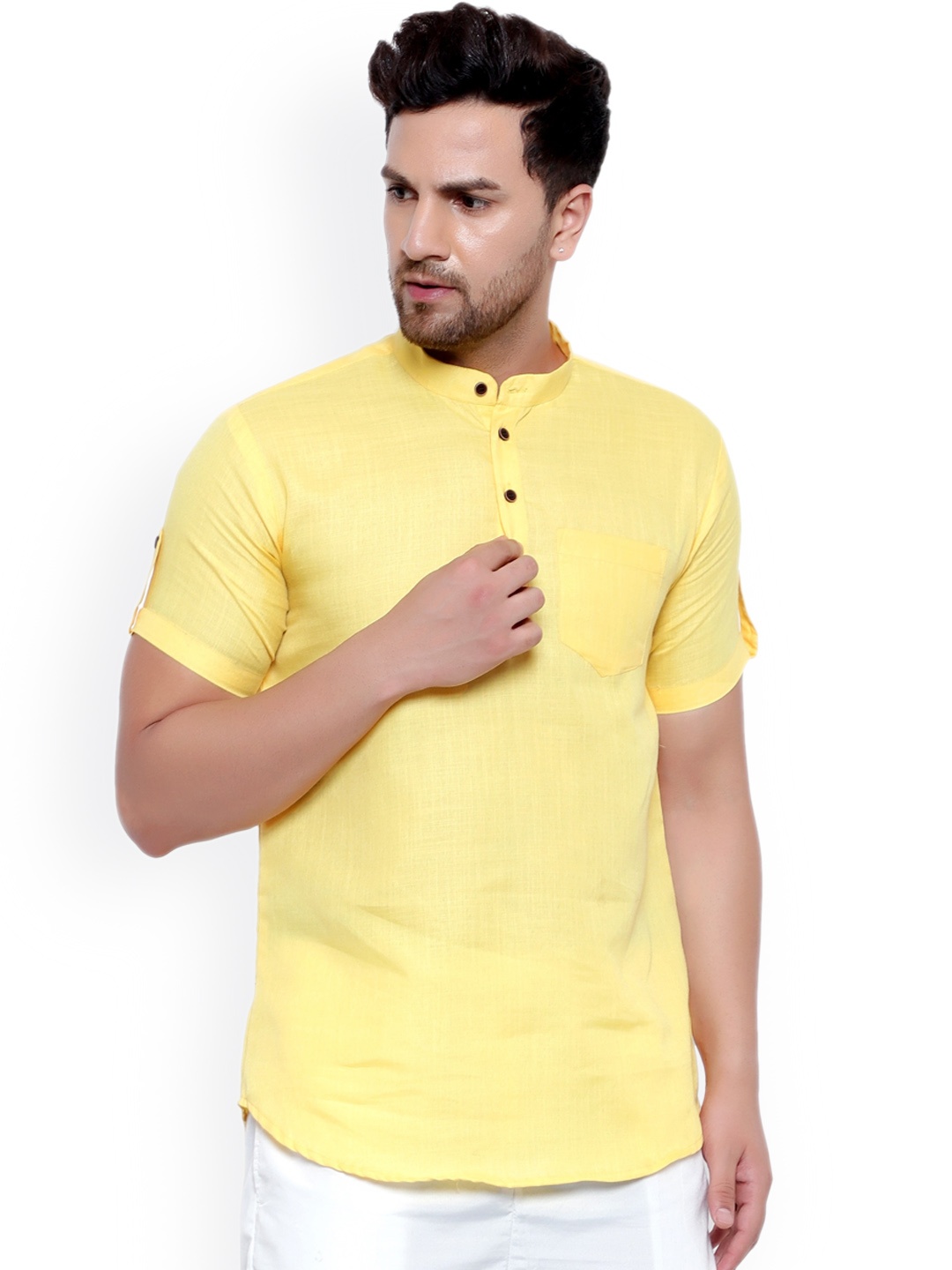 

ONNIX Mandarin Collar Roll Up Sleeves Cotton Straight Short Kurta, Yellow