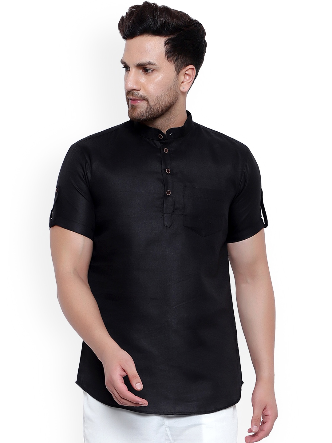 

ONNIX Mandarin Collar Roll Up Sleeves Cotton Straight Short Kurta, Black