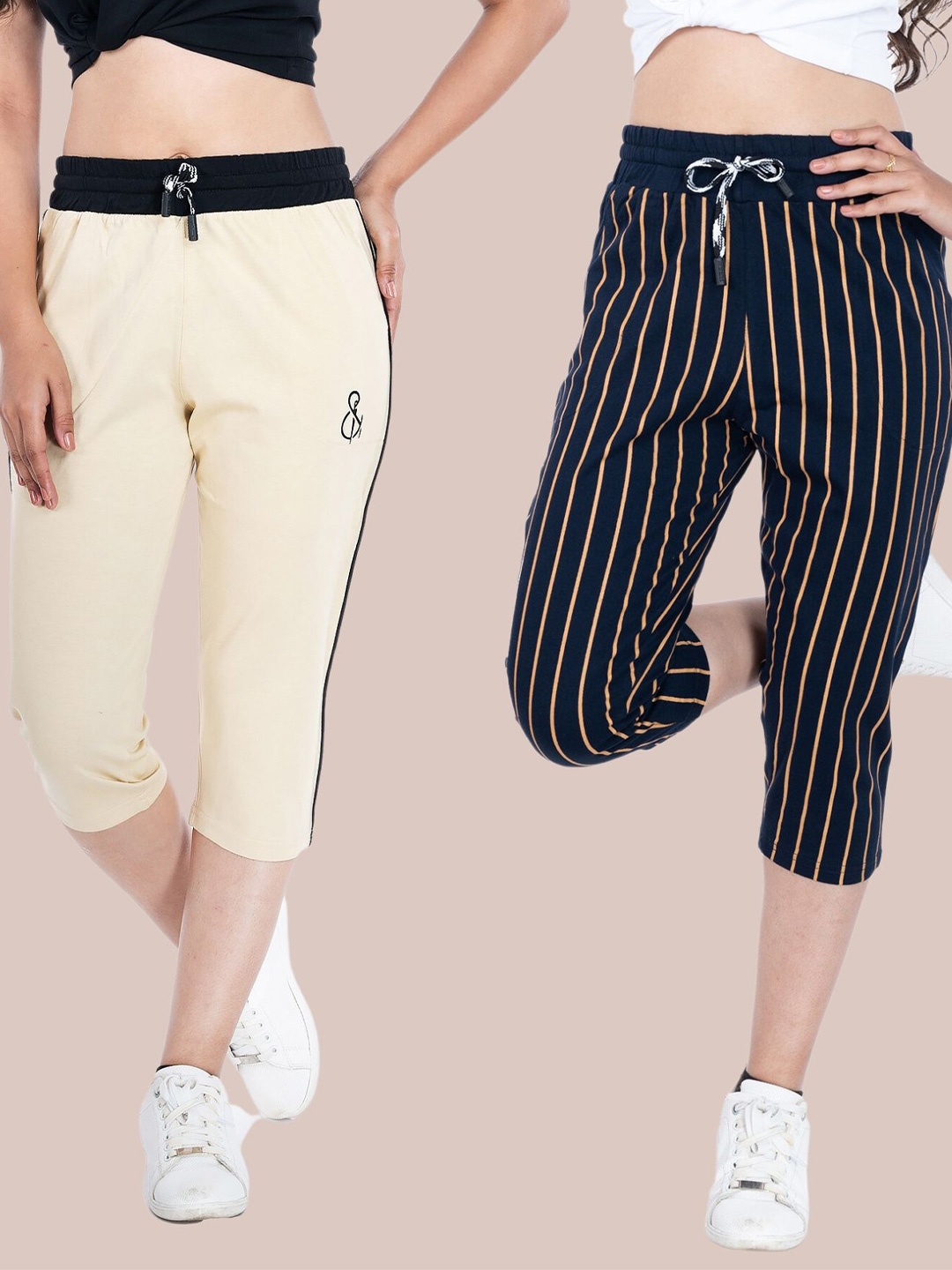 

StyleAOne Women Pack Of 2 Regular Fit Striped Cotton Capris, Beige