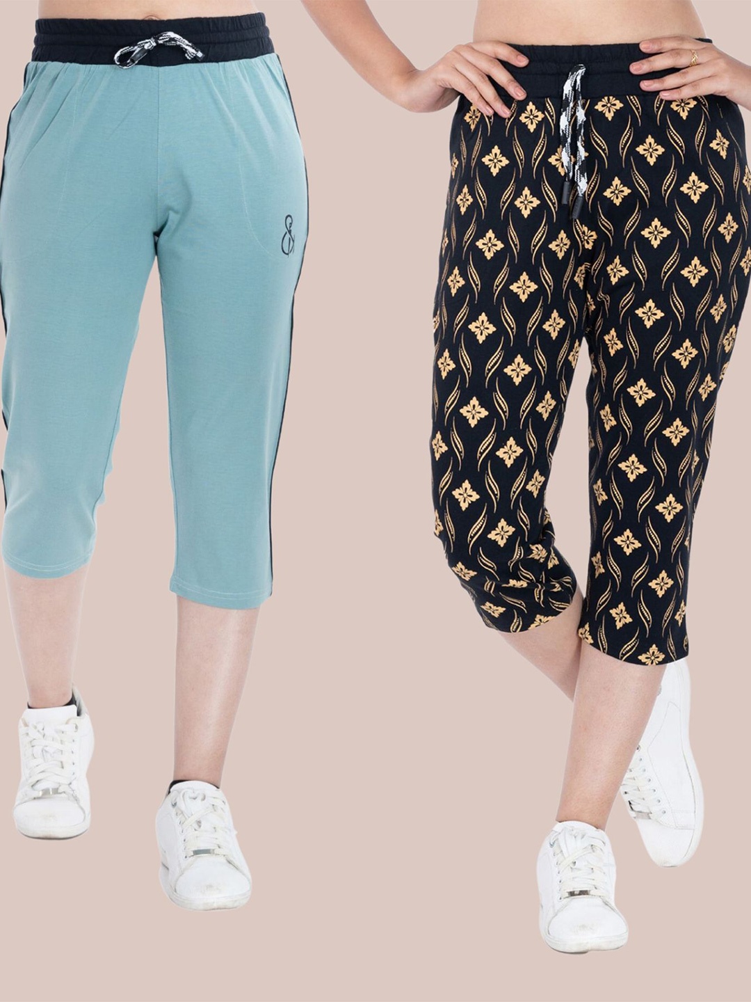 

StyleAOne Women Pack Of 2 Conversational Printed Cotton Capris, Blue