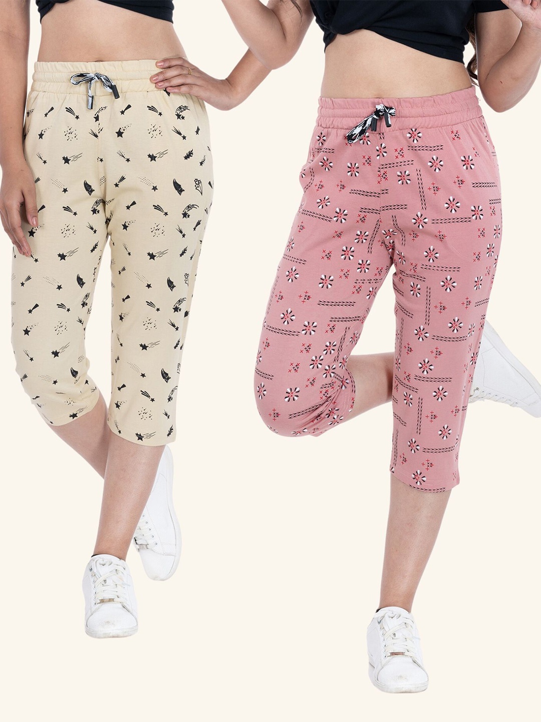 

StyleAOne Women Pack Of 2 Conversational Printed Cotton Capris, Beige