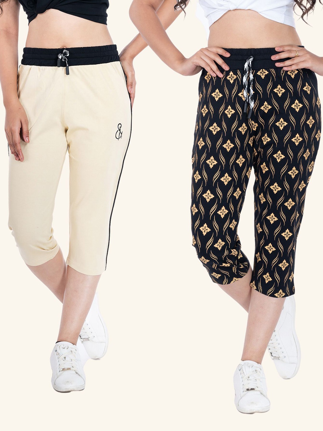

StyleAOne Women Pack of 2 Printed Capris, Beige