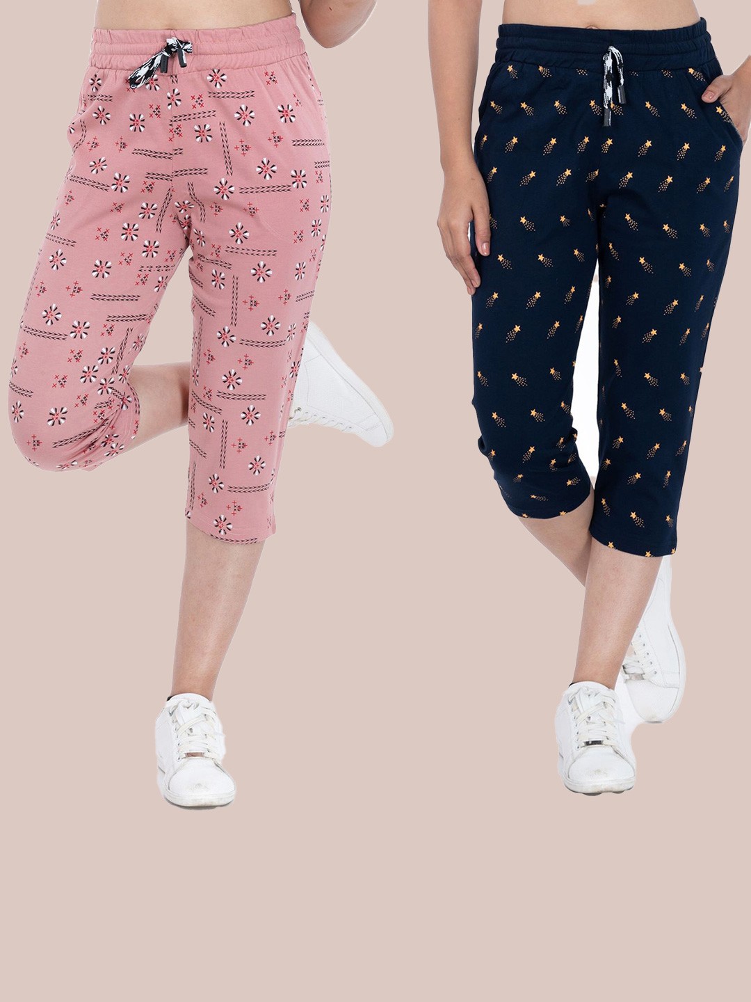 

StyleAOne Women Pack Of 2 Conversational Printed Cotton Capris, Pink