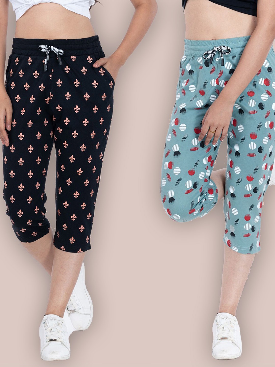 

StyleAOne Women Pack Of 2 Printed Cotton Capris, Black