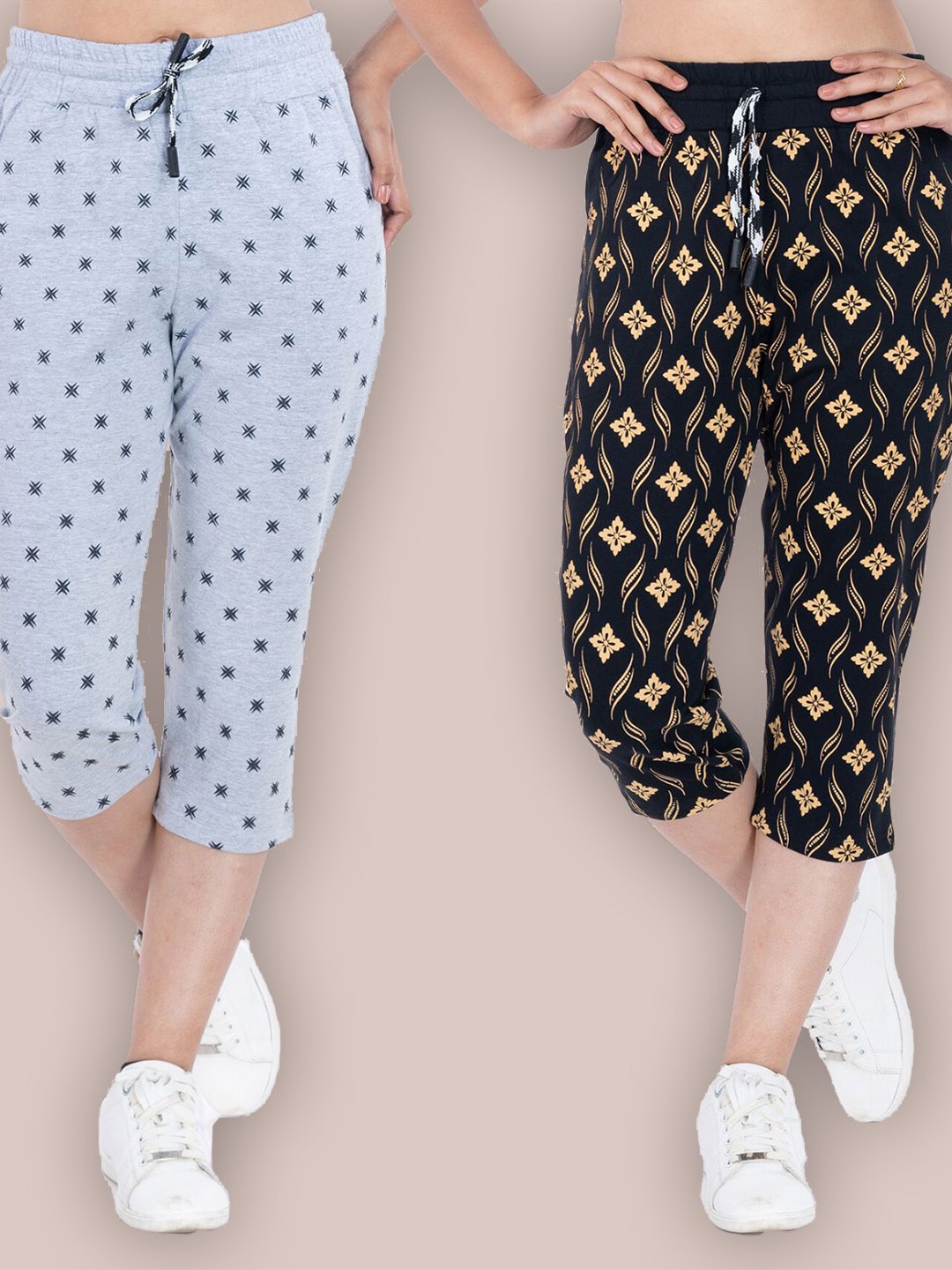 

StyleAOne Women Pack Of 2 Printed Cotton Capris, Grey