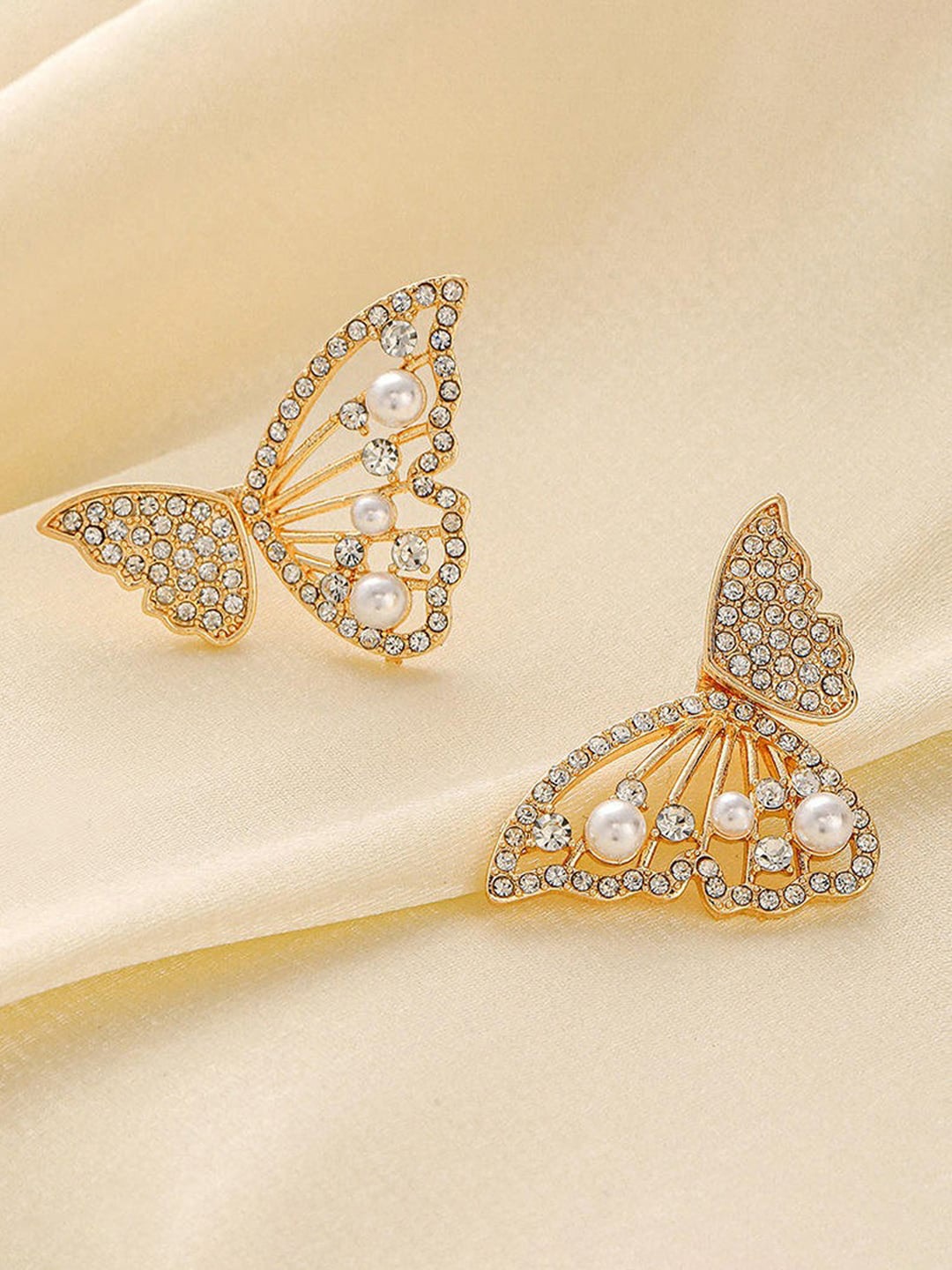 

Jewels Galaxy Gold-Plated Stone Studded & Beaded Butterfly Shaped Drop Earrings