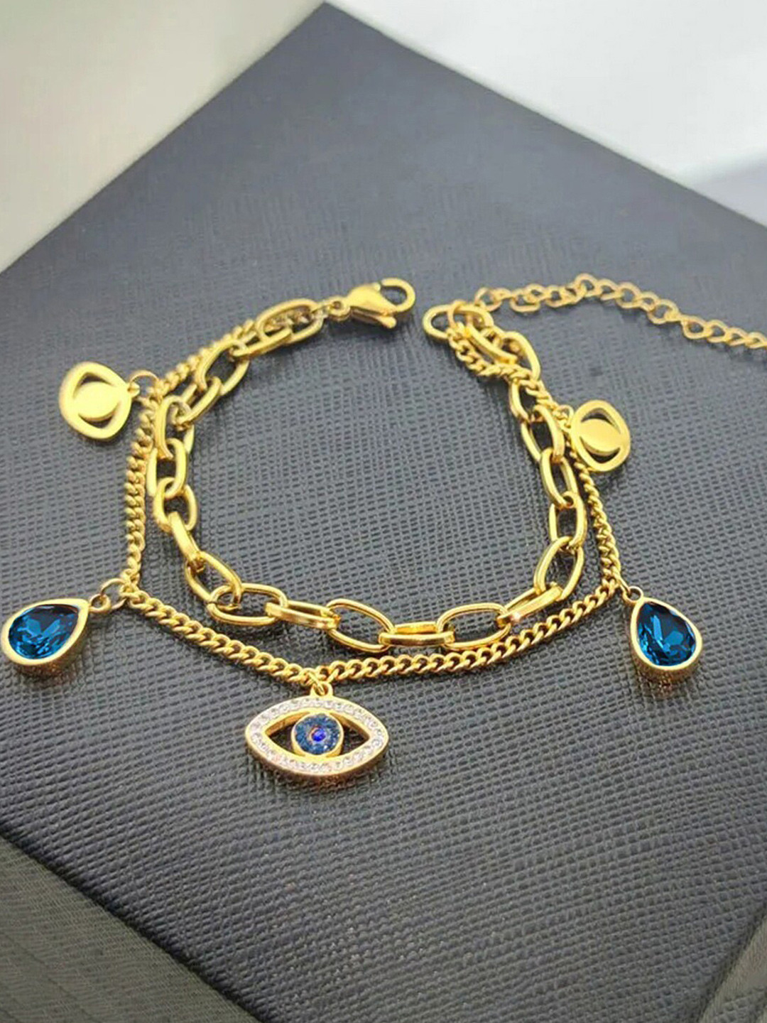 

Jewels Galaxy Gold-Plated Crystal Studded Evil Eye Charm Bracelet