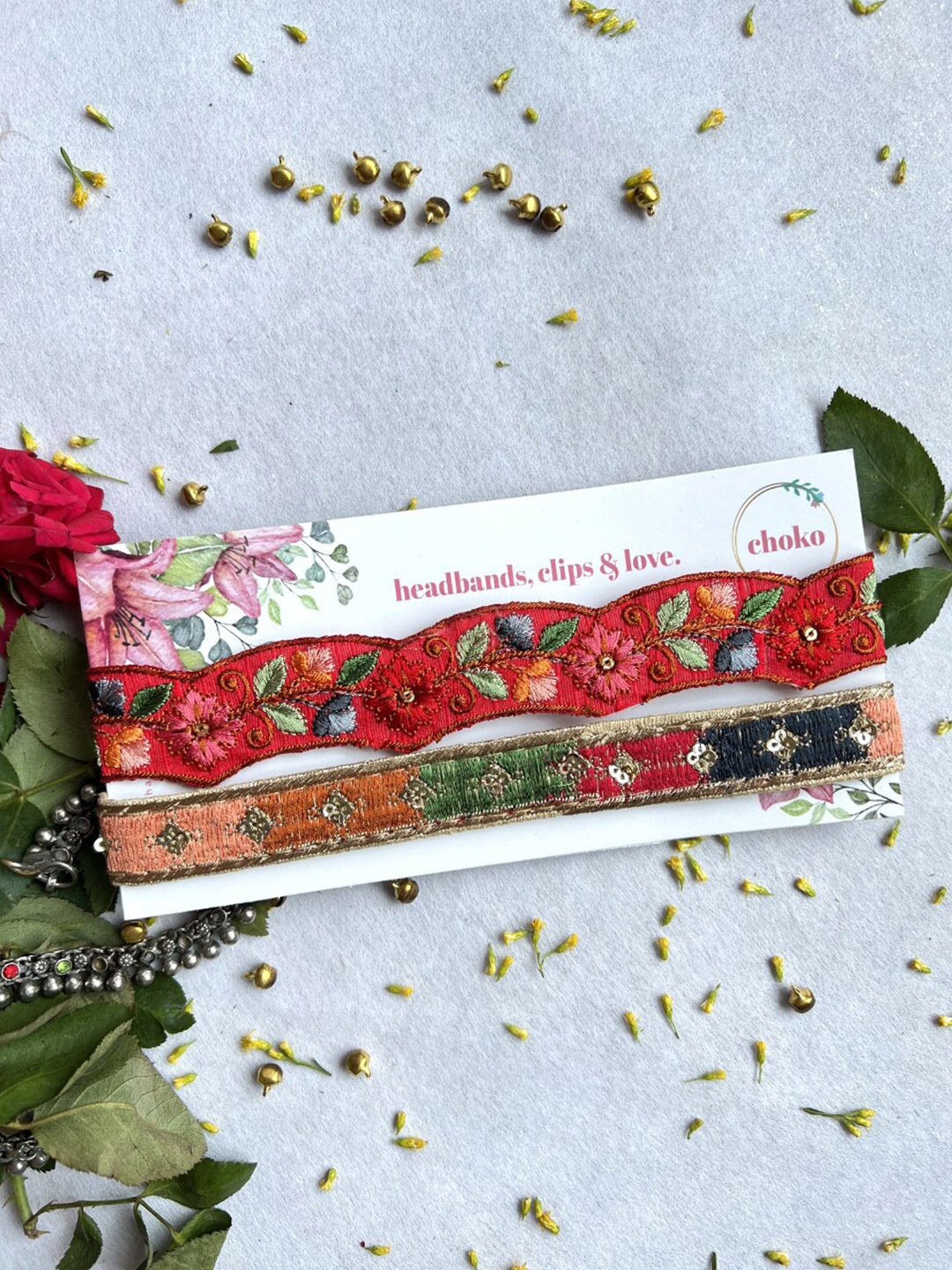 

Choko Girls Set of 2 Floral Embroidered Sequined Hairbands, Red