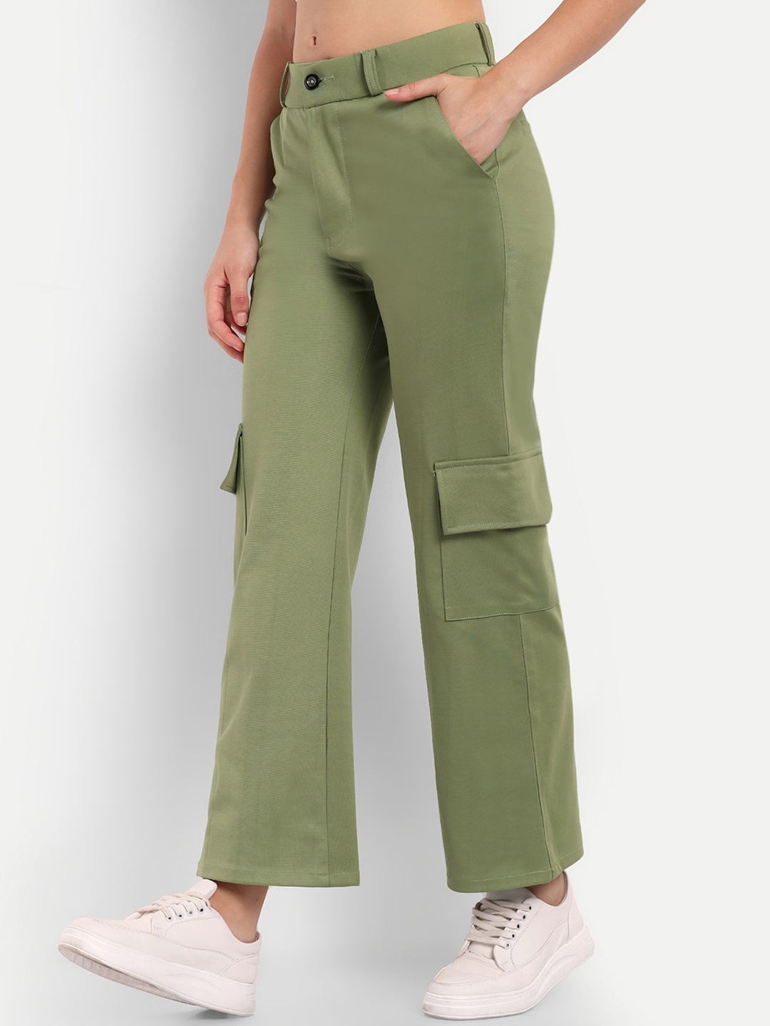 

BROADSTAR Women Smart Straight Fit High-Rise Easy Wash Cargo Trousers, Green