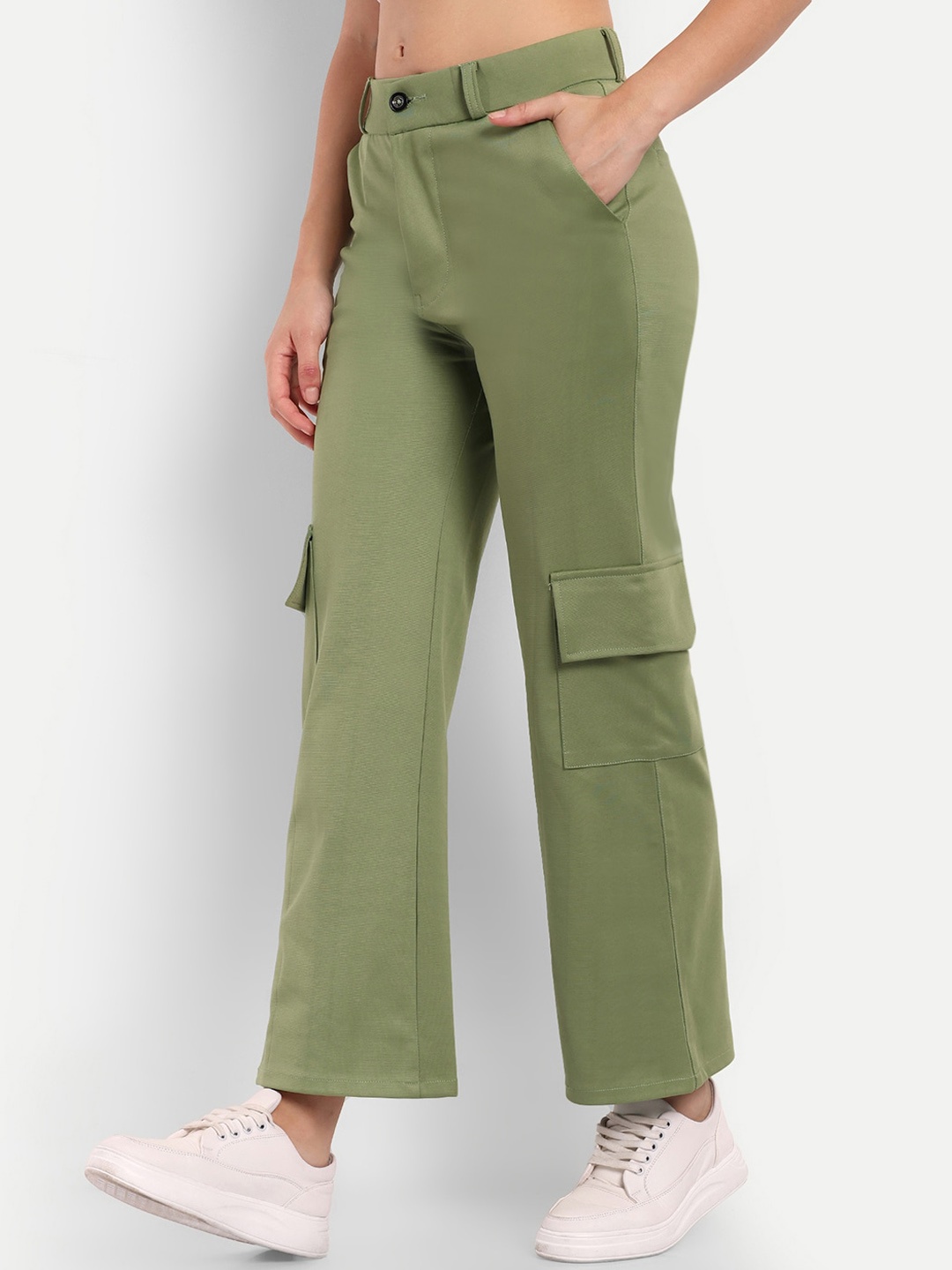 

BROADSTAR Women Green Smart Straight Fit High-Rise Easy Wash Cargo Trousers