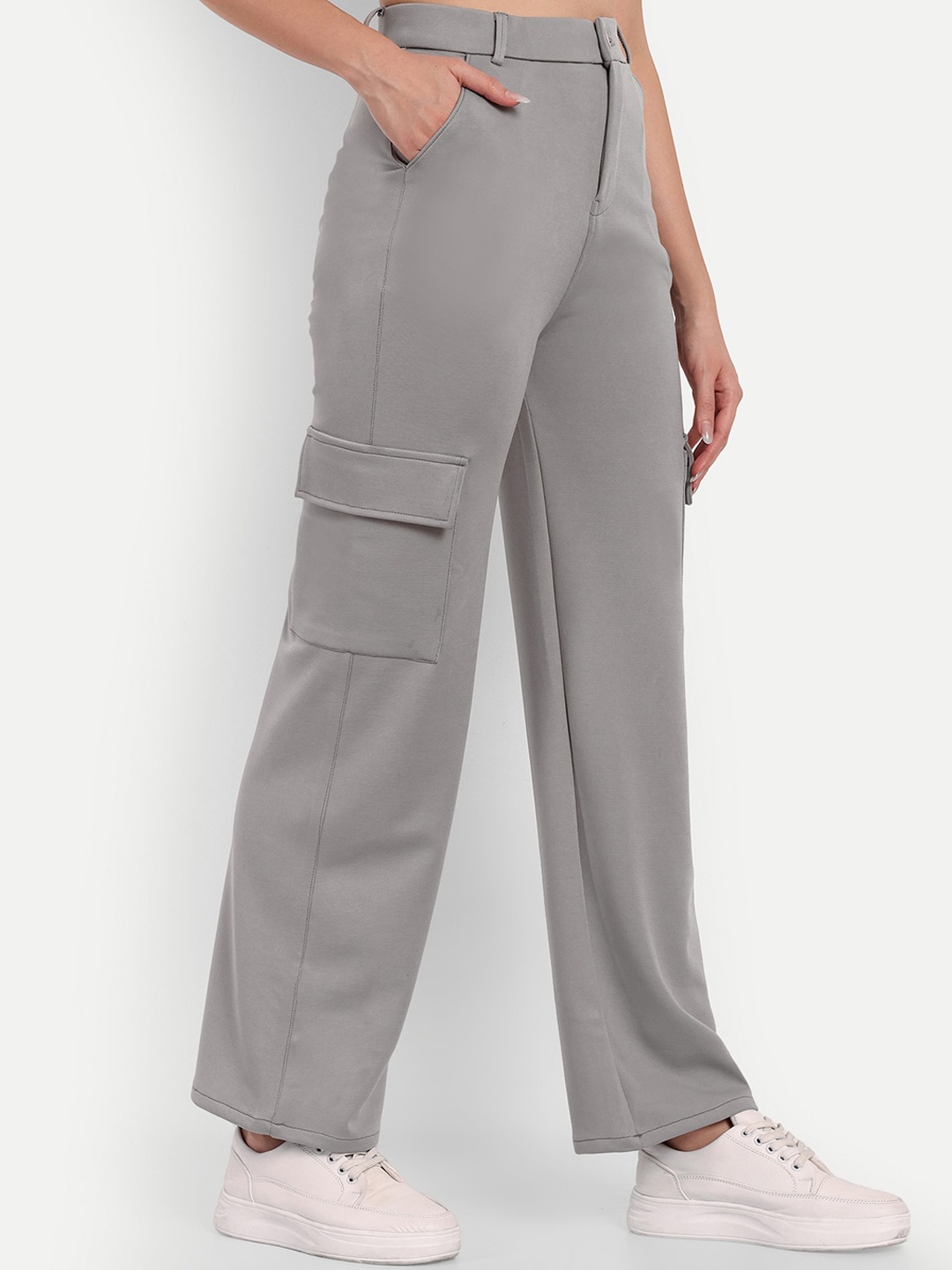 

BROADSTAR Women Grey Smart Straight Fit High-Rise Easy Wash Cargo Trousers