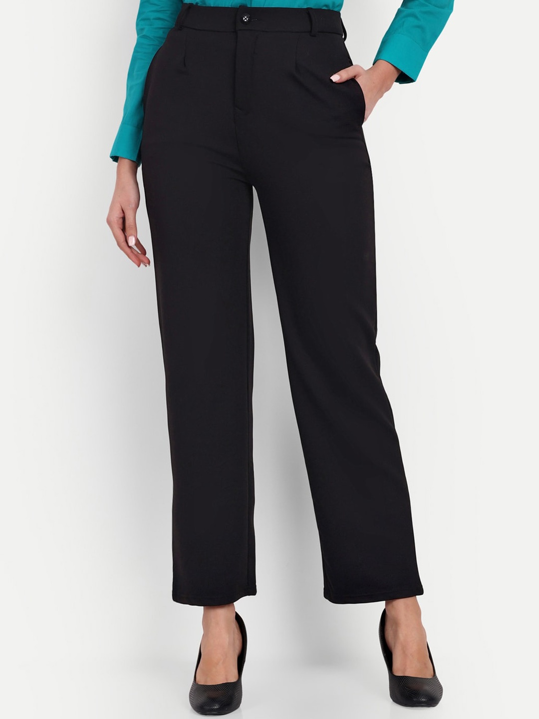 

BROADSTAR Women Straight Fit Tailored High-Rise Easy Wash Formal Trousers, Black