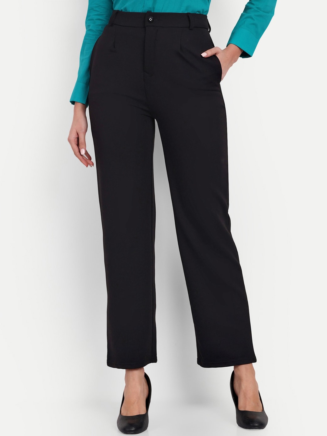 

BROADSTAR Women Straight Fit High-Rise Easy Wash Formal Trousers, Black