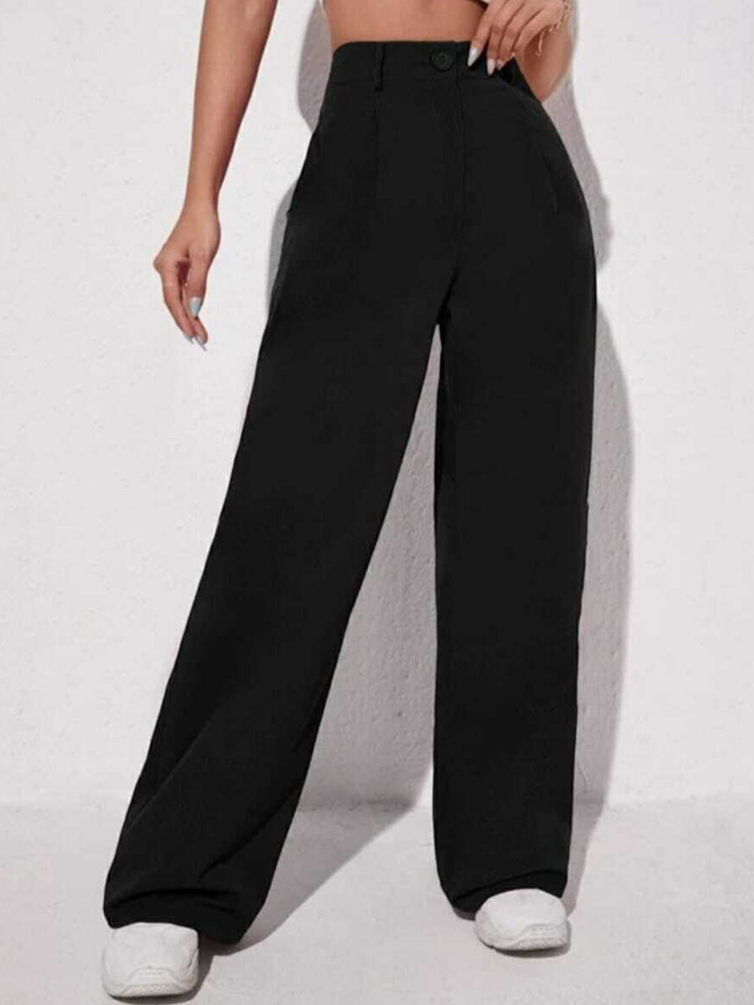 

BROADSTAR Women Relaxed Straight Leg High-Rise Easy Wash Pleated Parallel Trousers, Black