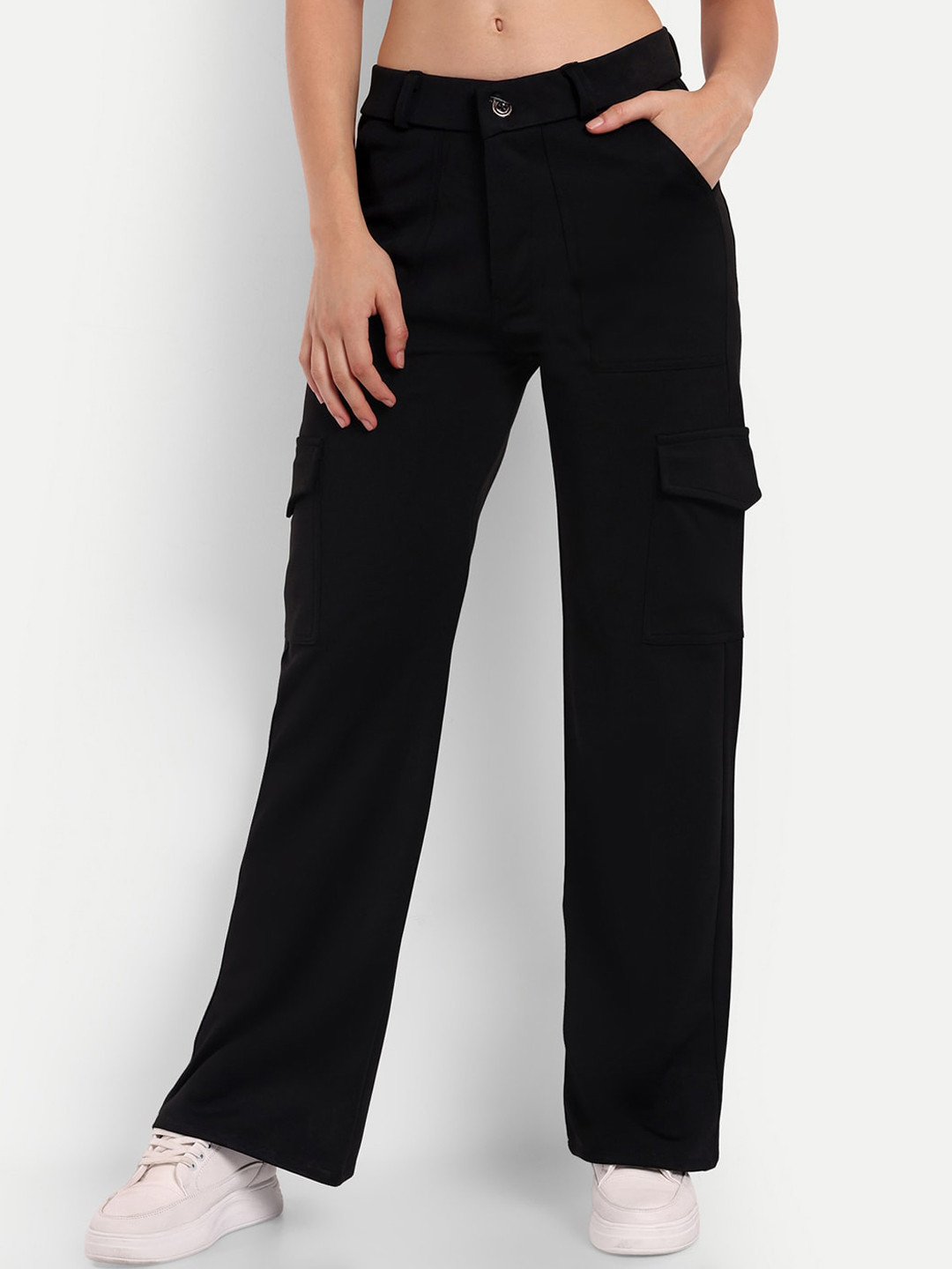 

BROADSTAR Women Relaxed Straight Fit High-Rise Easy Wash Cargos Trousers, Black