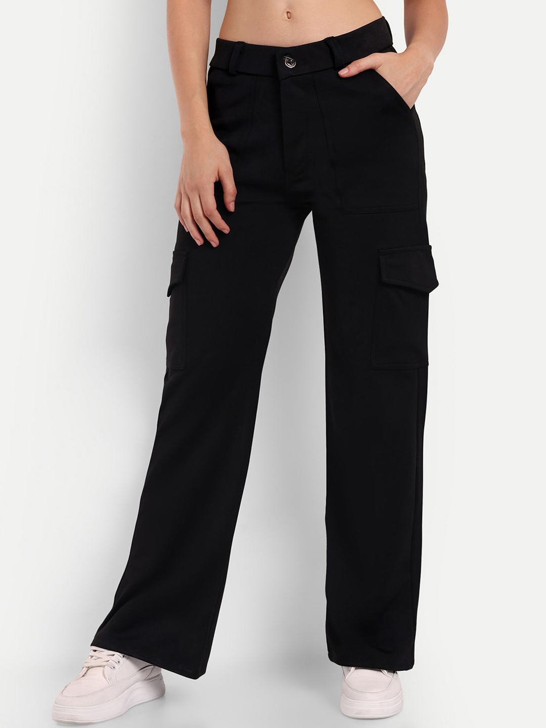 

BROADSTAR Women Relaxed Straight Fit High-Rise Easy Wash Cargo Trousers, Black