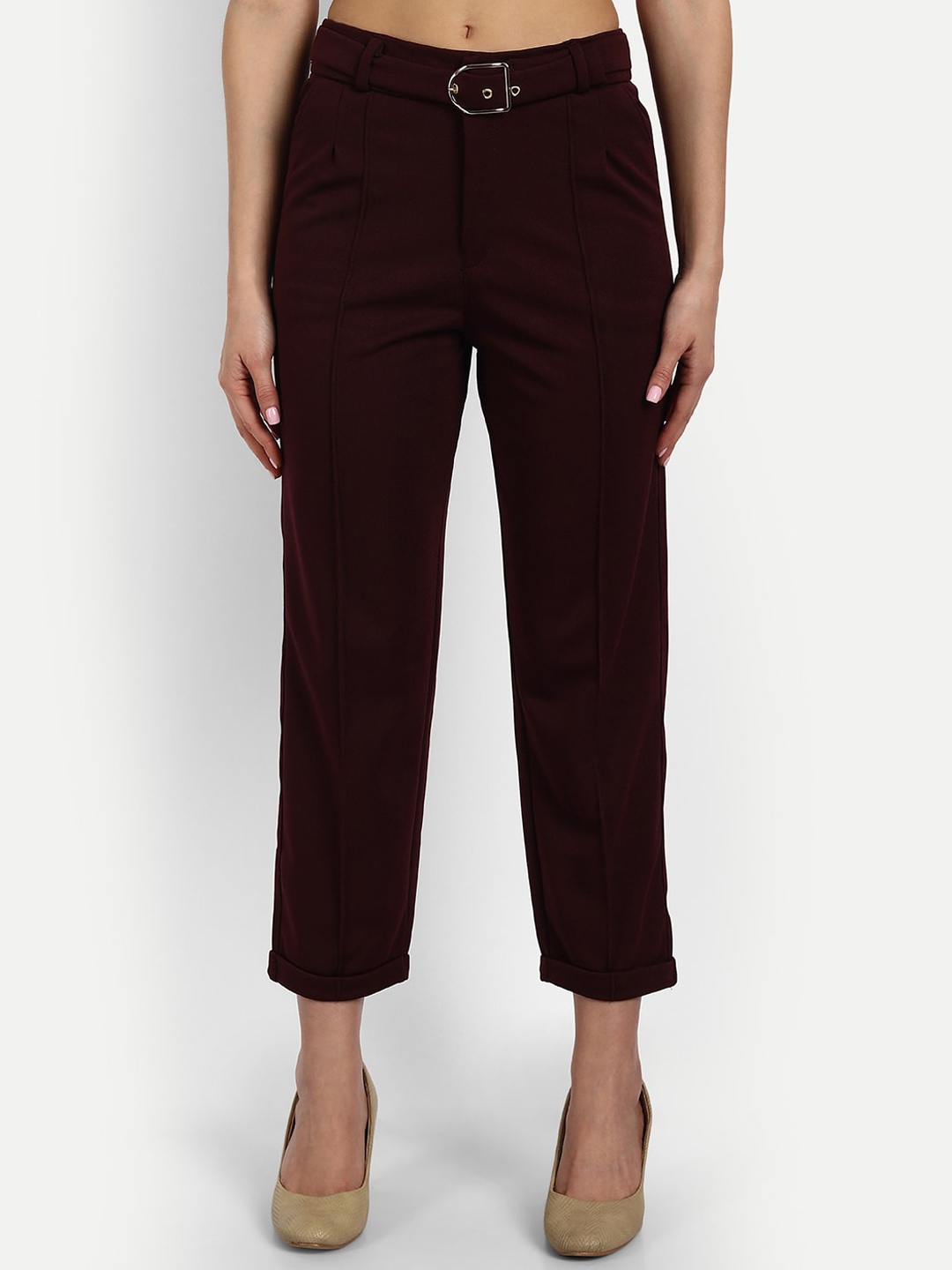

BROADSTAR Women Smart High-Rise Easy Wash Straight Fit Trousers, Maroon