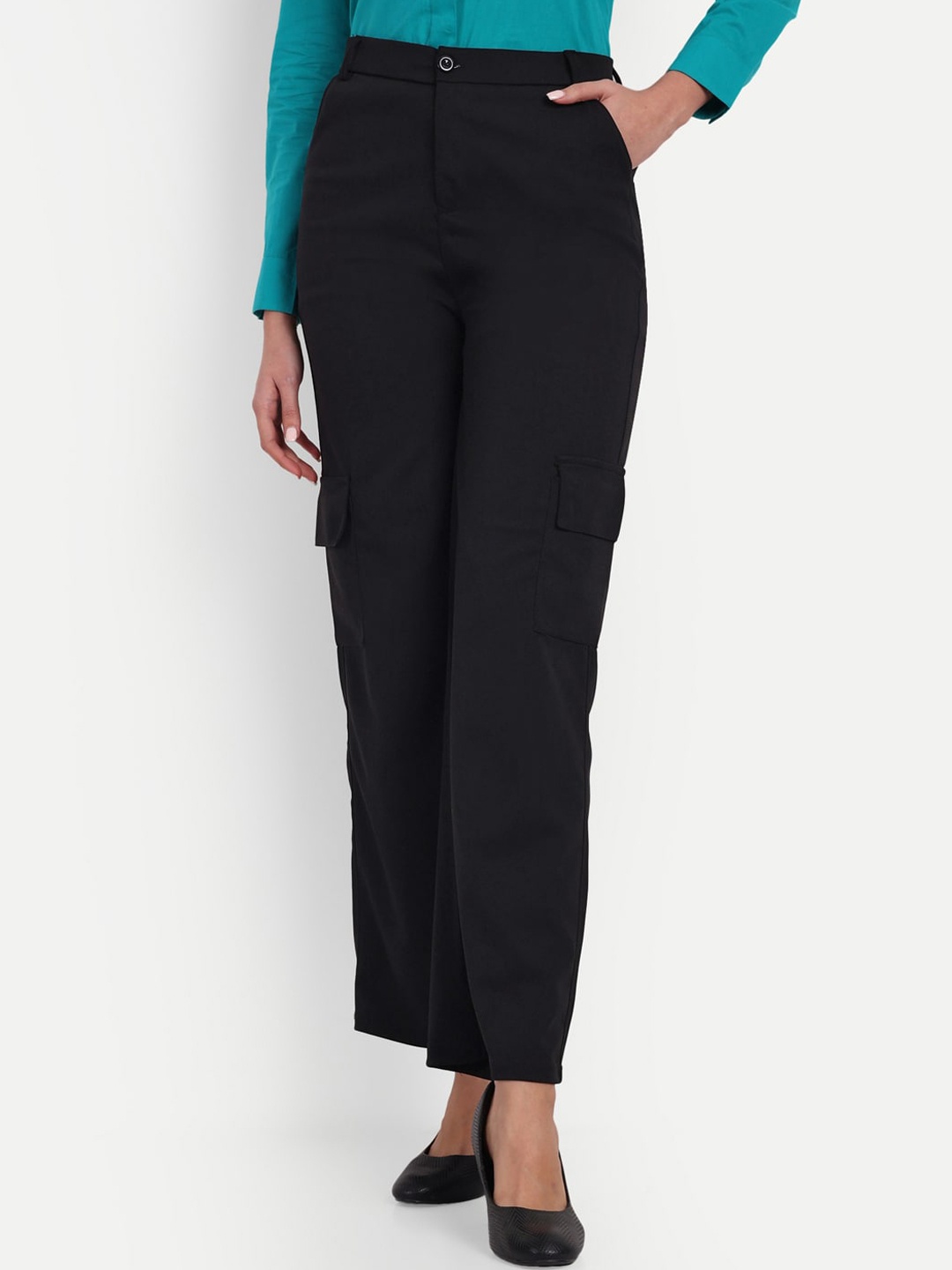 

BROADSTAR Women Relaxed Straight Leg Loose Fit High-Rise Cargos Trousers, Black