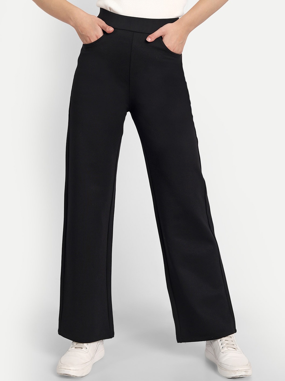

BROADSTAR Women Smart Straight Fit High-Rise Stretchable Easy Wash Trousers, Black