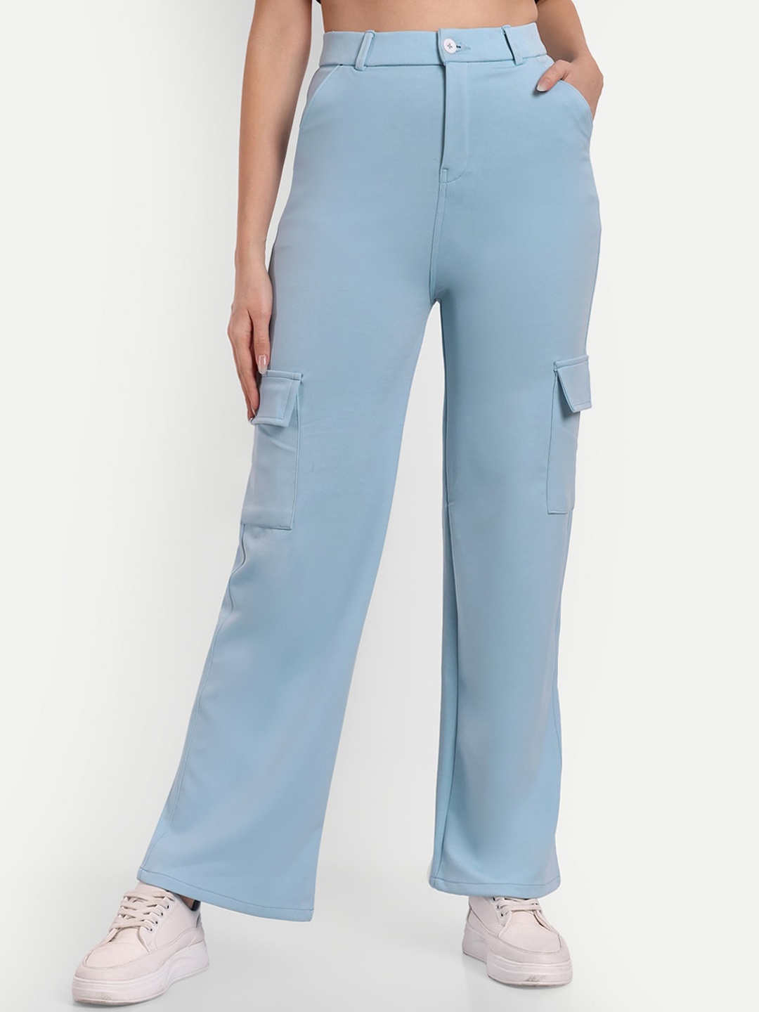 

BROADSTAR Women Smart Straight Fit High-Rise Easy Wash Cargos Trousers, Blue