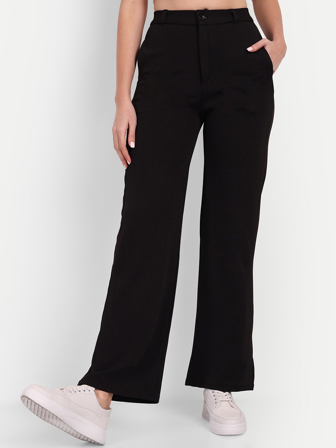 

BROADSTAR Women Straight Fit High-Rise Easy Wash Parallel Trousers, Black