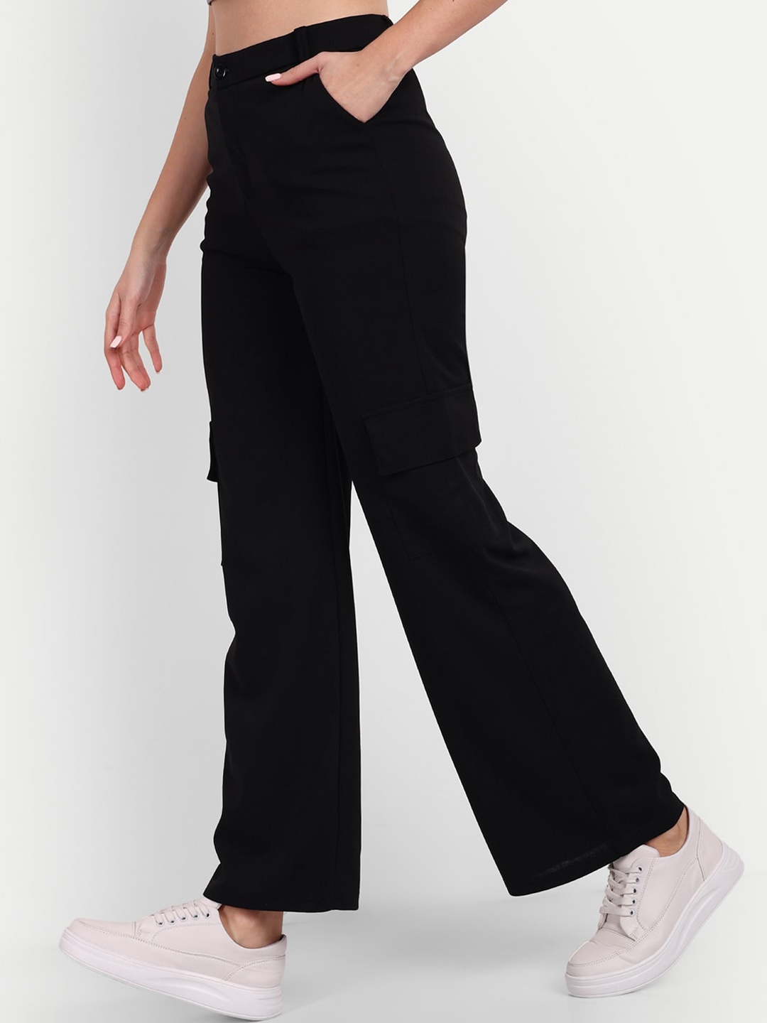 

BROADSTAR Women Relaxed Straight Leg High-Rise Straight Fit Easy Wash Cargo Trousers, Black