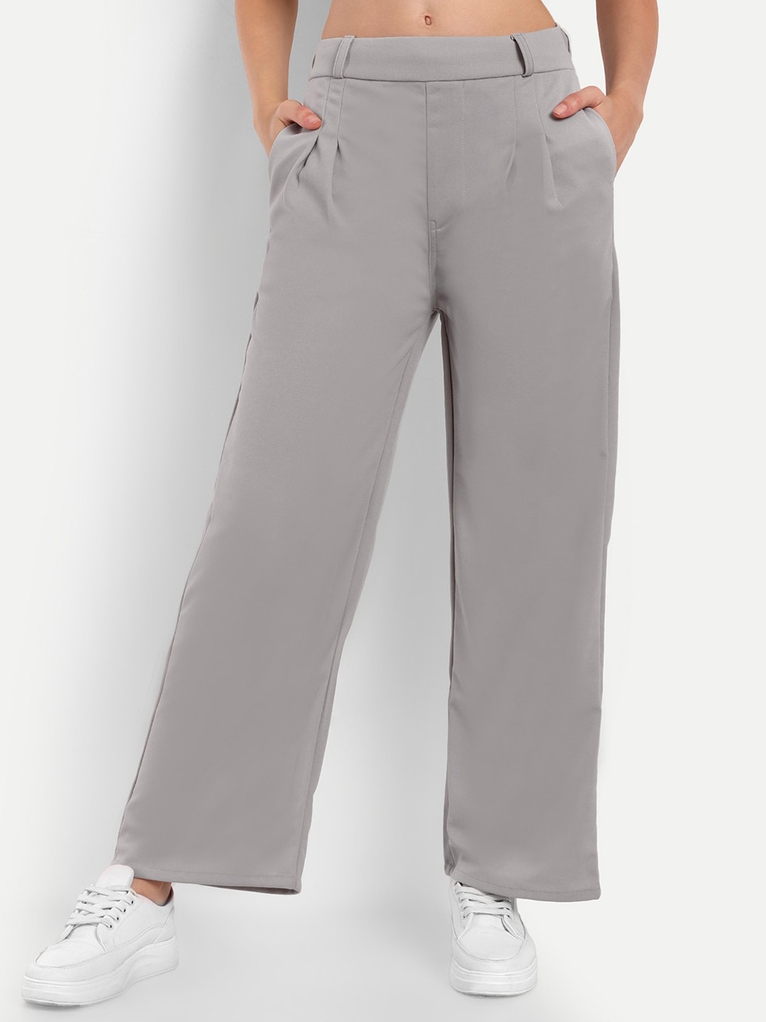 

BROADSTAR Women Smart Loose Fit Wide Leg Pleated Trousers, Grey