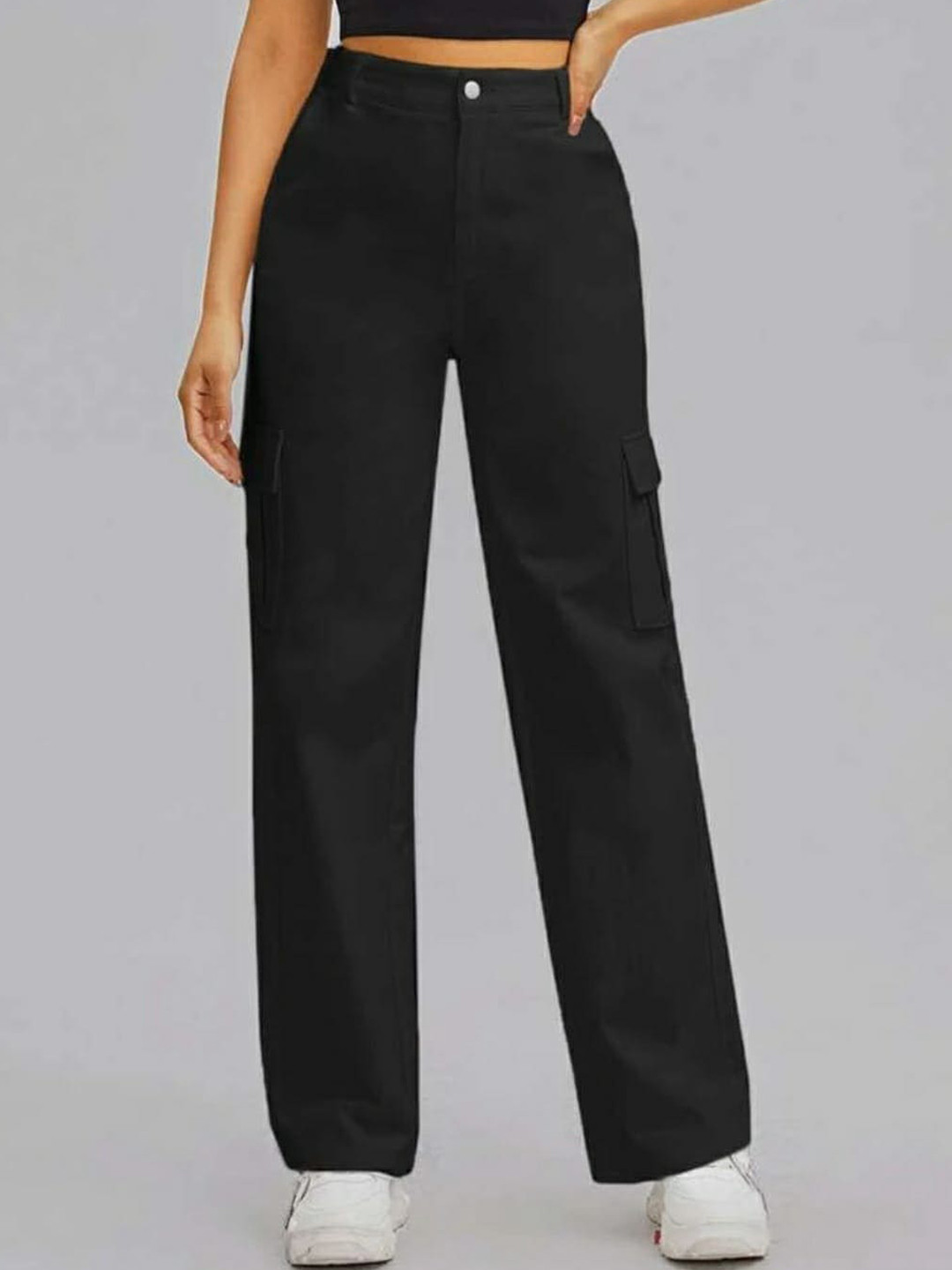 

BROADSTAR Women Relaxed Straight Leg High-Rise Easy Wash Cargos, Black