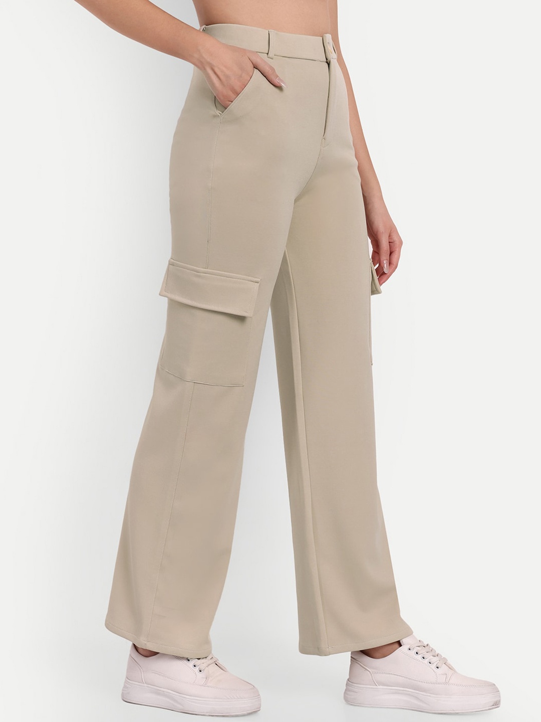 

BROADSTAR Women Smart Straight Fit High-Rise Easy Wash Cargos, Cream