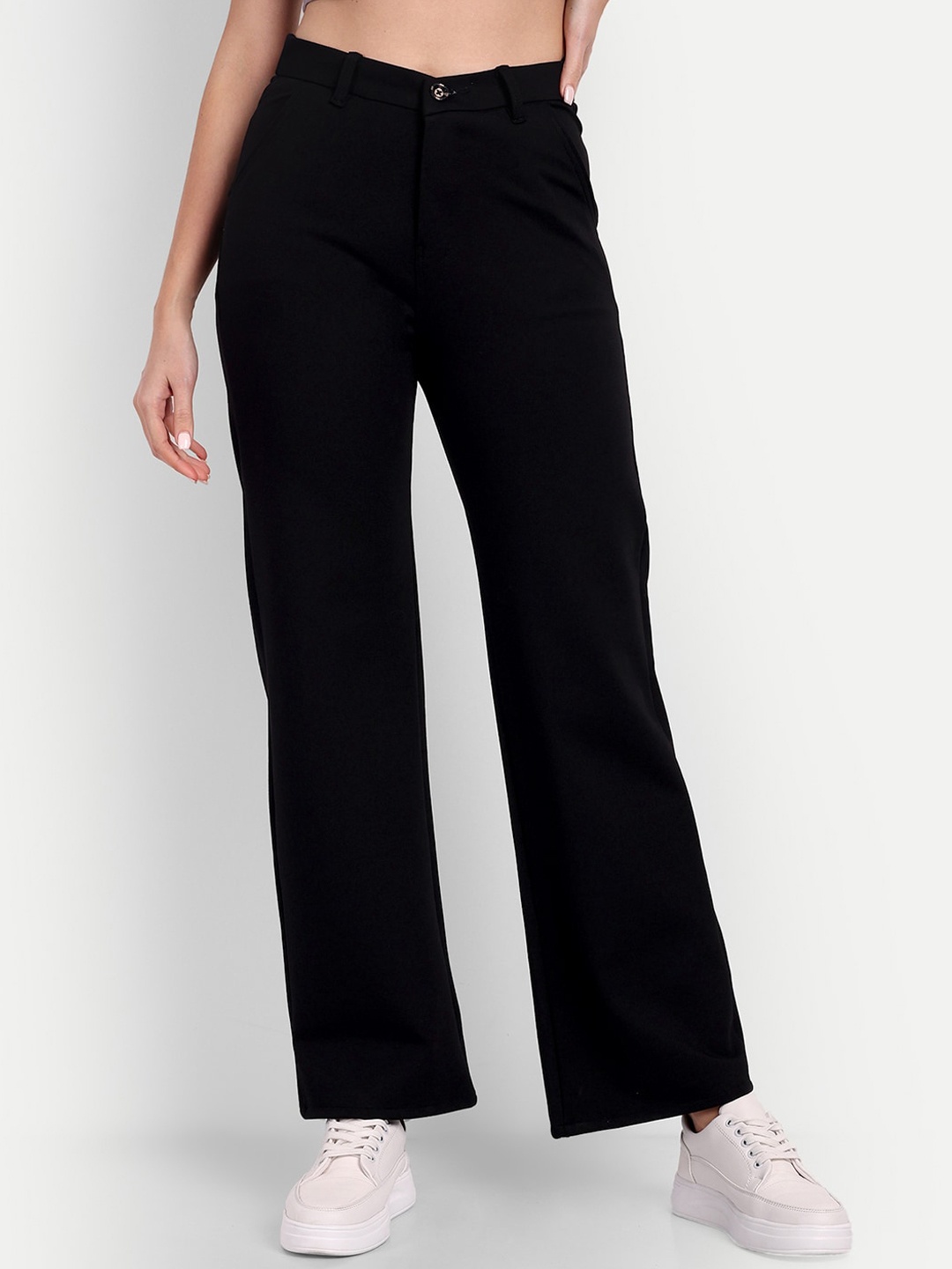 

BROADSTAR Women Relaxed Straight Leg Loose Fit High-Rise Stretchable Parallel Trousers, Black