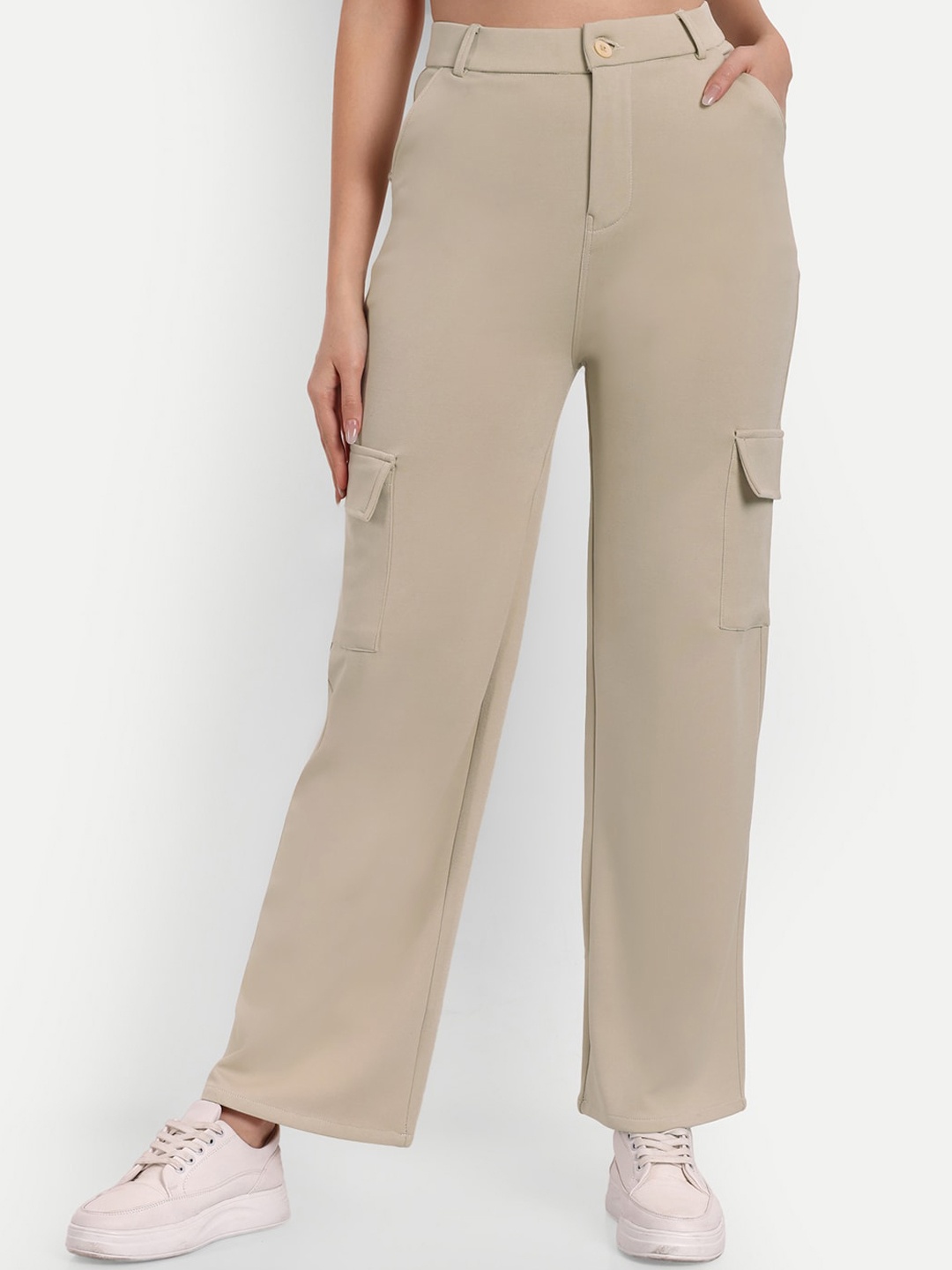 

BROADSTAR Women Smart Straight Fit High-Rise Easy Wash Cargo Trousers, Cream